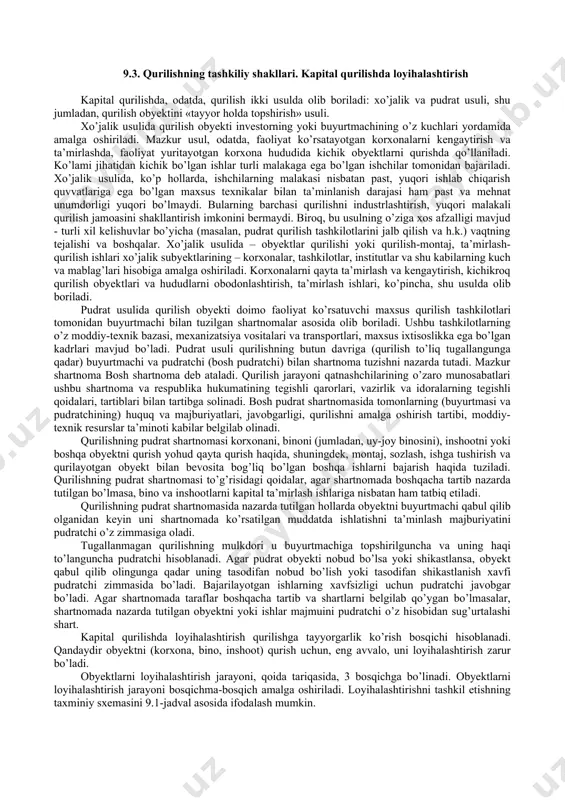 nadi. iqtisodiy mazmuniga ko’ra, kapital qo’yilmalar asosiy fondlarni takror ishlab chiqarishga yo’naltirilgan qo’yilmalarni anglatadi. umuman olganda, kapital qo’yilmalar aholining ijtimoiy ehtiyojlarini qondirish va iqtisodiyot tarmoqlarini rivojlantirish uchun mo’ljallangan hamda asosiy fondlarni barpo etish va yangilash bilan bog’liq bo’lgan jami xarajatlarni aks ettiradi. asosiy vositalar va boshqa uzoq muddat foydalaniladigan aktivlarni sotib olish, qurish bilan bog’liq xarajatlar kapital sarflar yoki kapital qo’yilmalar deyiladi. kapital qo’yilmalar bilan xarajatlarni bir-biridan farqlay bilish kerak. xarajat, albatta, shu davrda daromad keltirishi kerak. kapital qo’yilma bir necha yillardan keyin daromad keltira boshlaydi. 9.2. mamlakat iqtisodiyoti uchun qurilish muddatini qisqartirishning ahamiyati. qurilishning uch bosqichi: tayyorgarlik bosqichi, qurilish bosqichi, qurilish mahsuloti realizatsiyasi. qurilish ishlab chiqarishining davomiyligi kapital qurilishda qurilish muddatlarini qisqartirish katta iqtisodiy ahamiyatga ega, chunki u kapital qo’yilmalarning tezroq qoplanishini ta’minlaydi. masalan, qurilayotgan obyekt qandaydir mahsulot ishlab chiqarishga mo’ljallangan bo’lsa, bunda qurilish muddatini qisqartirish evaziga qo’shimcha mahsulot ishlab chiqarish, qurilish muddati tugagandan so’ng qo’shimcha foyda olish imkoniyati …