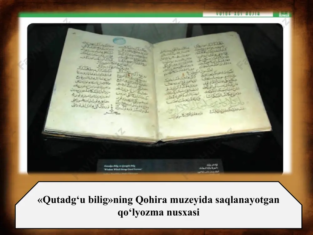 i (otasining vafotidan keyin vazir) – aql timsoli. o‘zg‘urmish – oyto‘ldining uzoq qarindoshi, zohid – qanoat (ofiyat) timsoli. ularning har biri ramziy tarzda adolat, davlat, aql va ofiyat (qanoat)ni aks ettiradi. ayni paytda asarda ular muayyan lavozim egasi sifatida ko‘rinadi. asar qahramonlarning o‘zaro suhbati asosiga qurilgan. yusuf xos hojib tasvirida kuntug‘di «qilmishlari to‘g‘ri, fe’l-u raftori rost, tili chin, yetuk, ko‘zi va ko‘ngli boy, bilimli, zakovatli, hushyor, yomonlarga misli bir olov edi». oyto‘ldi – vazir, ayni paytda davlat ramzi. uning fe’l-atvorida barcha ezgu xislatlar mujassam. shunga qaramay, davlat alohida e’tiborni ham talab qildi. yusuf xos hojib bunday mulohazalarni o‘z qahramonlarini so‘zlatish orqali ko‘rsatib beradi. oyto‘ldining ham, kuntug‘dining ham o‘z tabiatlarini, asl mohiyatini ramziy detal va xatti-harakatlar yordamida ko‘rsatib berishi yuqoridagi matnlardan ayonlashdi. to‘p, kiyik, qilich, zahar solingan idish, shakar, oy va quy osh sayyorasining harakatlanish jarayonlari mana shu ramziylik uchun asos vazifasini bajargan. kuntug‘diga adolat ramzining berilishi tasodifiy emas. adib bu …
