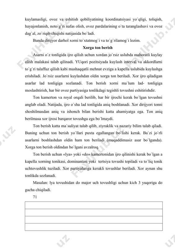 or ladida bo`lsa, xorni quyidagicha sozlash mumkin: asar tonikadan boshlanmay, dominanta yoki boshqa bosqich tovushlaridan boshlangan vaqtda ham dirijyor, albatta xorga tonik uchtovushlikni, keyin esa dominanta uchtovushligini to`liq eshittirish kerak. xorga doim tonik uchtovushligini eshittirish zarur. dur moll «shamol» s. abramova musiqasi shoshilmasdan solist bilan boshlanadigan asarga ham ladni to`liq tonik uchtovushligi beriladi. bu solist va xorga eshittiriladi. xor-dirijyori kamerton yoki boshqa asbobda berilgan tondan major yoki minor tonlliklarini topib, tonik uchtovushliklarini tuza olishi va xorga aniq ton berishi lozim. foydalanilgan adabiyotlar: 1. gudkova p. g, vasil’eva a.b «ashula darsligi metodikasi» , 1973. 2. ro`ziev sh «xorshunoslik». t. 1987. 3. qodirov r. g`. «boshlagg`ich sinfda ko`p ovozli kuylash». t 1997.
