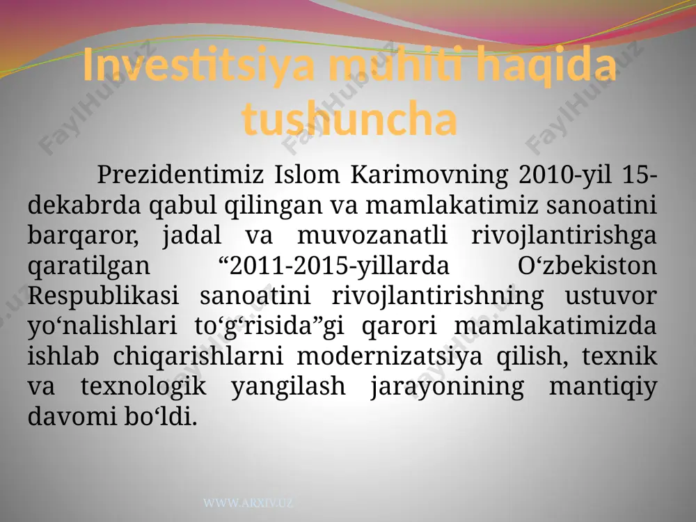 n, joriy yilda 270 ta investitsiya loyihasini nihoyasiga yetkazish ko‘zda tutilgan. bu borada mamlakatimizning 2012-yilgi investitsiya dasturi investitsiya siyosatini amalga oshirishda muhim ahamiyat kasb etmoqda. uning parametrlari davlatimiz rahbarining “o‘zbekiston respublikasining 2012-yilgi investitsiya dasturi to‘g‘risida”gi qarori bilan tasdiqlangan. loyihalarni amalga oshirishda katta imtiyozli kreditlar taqdim etgan osiyo taraqqiyot banki, islom taraqqiyot banki, arab muvofiqlashtiruvchi guruhi kabi xalqaro moliya tuzilmalari faol ishtirok etmoqda. www.arxiv.uz muhim investitsiya loyihalari mamlakatimizning davlat investitsiya siyosati uzoq muddatli istiqbolga mo‘ljallangan bo‘lib, investorlarning samarali ishlashi uchun barcha zarur shart-sharoitlarni yaratib berishga qaratilgan. buning uchun o‘zbekistonda barcha imkoniyatlar bor, ya’ni mamlakatimizning geografik joylashuvi qulay, transport tarmog‘i yaxshi rivojlangan, ishlab chiqarish va ijtimoiy infratuzilma taraqqiy etgan, boy tabiiy resurslar hamda yuqori malakali kadrlar mavjud. www.arxiv.uz xulosa. qisqacha xulosa qilsak, 1.glоbаllаshuv jаrаyonigа qo’shilish - bu dunyoning еtаkchi dаvlаtlаri bilаn hаmkоrlikdа bo’lish, ijtimоiy-iqtisоdiy vа siyosiy sоhаdаgi dаvlаt siyosаtining o’zаrо mаnfааtli аsоsdа bu dаvlаtlаr siyosаtigа mоs kеlishidir. glоbаllаshuv jаrаyonigа iqtisоdiyotni erkinlаshtirish, ilmiy-tехnik …