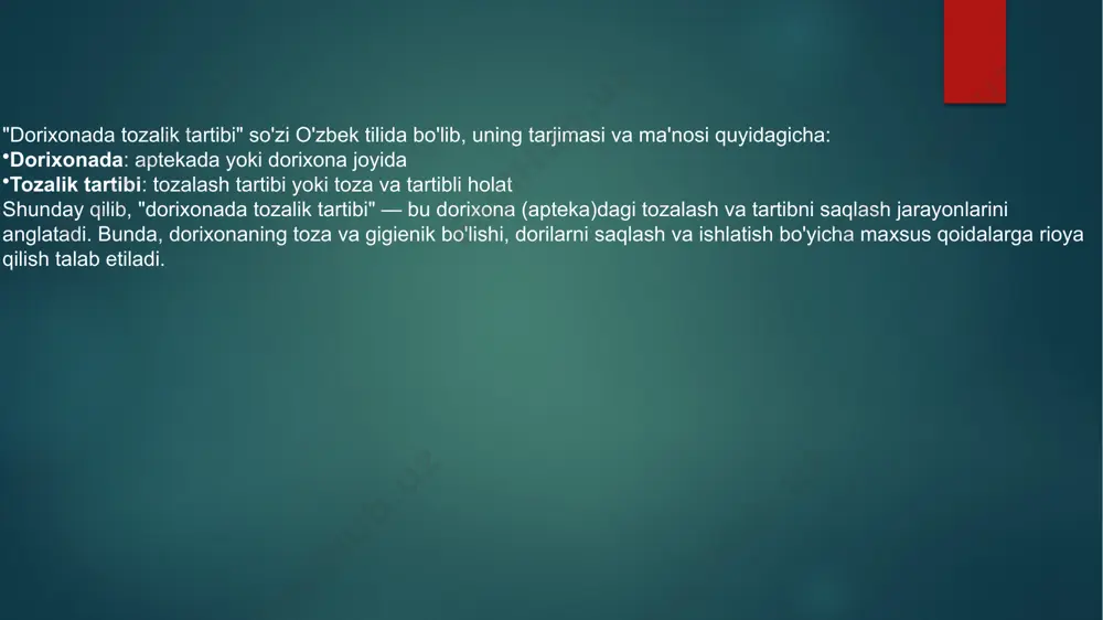 diapazonlariga rioya qilish zarur. masalan, ayrim dorilar 2–8°c atrofida sovuqda saqlanishi kerak, boshqalari esa xona haroratida. namlikni nazorat qilish: dorilarning saqlanishi uchun ideal namlik darajasi ham muhimdir. juda yuqori namlik dorilarni shikastlantirishi yoki ularni o'zgarishlarga olib kelishi mumkin. shuning uchun dorixonalarda namlik darajasi nazorat qilinishi kerak. yoritish: ba'zi dorilar yorug'likka ta'sir qilishi mumkin, shuning uchun ular quyosh nuri tushmaydigan joyda, qorong'i yoki maxsus shaffof idishlarda saqlanishi lozim. dori-darmonlarni ajratish: dorixonada dori-darmonlarni saqlashda ularni turli guruhlarga ajratish kerak. masalan, retsept bilan sotiladigan dorilarni umumiy dorilardan alohida saqlash lozim. shuningdek, bir-biriga ta'sir qiluvchi dorilarni birgalikda saqlashdan qochish kerak. qadoqlash: dorilarni saqlash uchun ularning original qadoqlari saqlanishi kerak. qadoqlar, dori sifatini saqlash va uning ishdan chiqishini oldini olish uchun juda muhimdir. ochiq idishlar, shuningdek, boshqalar uchun xavfli bo'lishi mumkin. saqlash muddati: har bir dorining saqlash muddati mavjud. dorixonada, dori-darmonlarning saqlash muddati tugagan yoki ular yaroqsiz bo'lgan dorilarni to'g'ri yo'q qilish kerak. eski yoki …