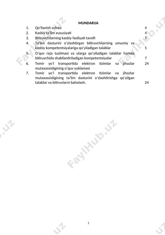 h, harakat xotirasi va moslashuvchanlik. 2.3. ta’limni davom ettirish imkoniyatlari. temir yo‘l transportida elektron tizimlar va jihozlar mutaxssisligi bitiruvchisi keyinchalik kasbiy ta’limini chuqurlashtirish maqsadida: kadrlar malakasini oshirish tizimida, tarmoq o‘quv muassasalarida va maxsus kurslarida malakani oshirishi; kasbiy faoliyatning tegishli sohasida yanada yuqoriroq malakaga erishish maqsadida oliy ta’lim muassasasida o‘qishni davom ettirishi mumkin. 2.4. o‘qishga qabul shartlari. o‘qishga qabul shartlari amaldagi qonunchilik asosida amalga oshiriladi. 3. bitiruvchilarning kasbiy faoliyati tavsifi 3.1. bitiruvchining kasbiy faoliyat sohasi: temir yo‘l transportida elektron tizimlarga va jihozlarga texnik xizmat ko‘rsatish ishlarini mehnat muhofazasi qoidalariga amal qilgan holda bajarish. 3.2. bitiruvchining kasbiy faoliyat ob’ektlari: 3.2.1. texnik-dasturchi kvalifikatsiyasi bo‘yicha: · temir yo‘l transportida elektron tizimlar; · temir yo‘l transportida elektron jihozlar; · texnik xizmat ko‘rsatish va ta’mirlash bo‘yicha texnologik jihozlar, asbob-uskuna va moslamalar; · texnik va hisobot hujjatlari. 3.3. 50711510 - temir yo‘l transportida elektron tizimlar va jihozlar mutaxassisligi bo‘yicha ta’lim oluvchi quyidagi faoliyat turlariga tayyorlanadi: 3.3.1. texnik-dasturchi …