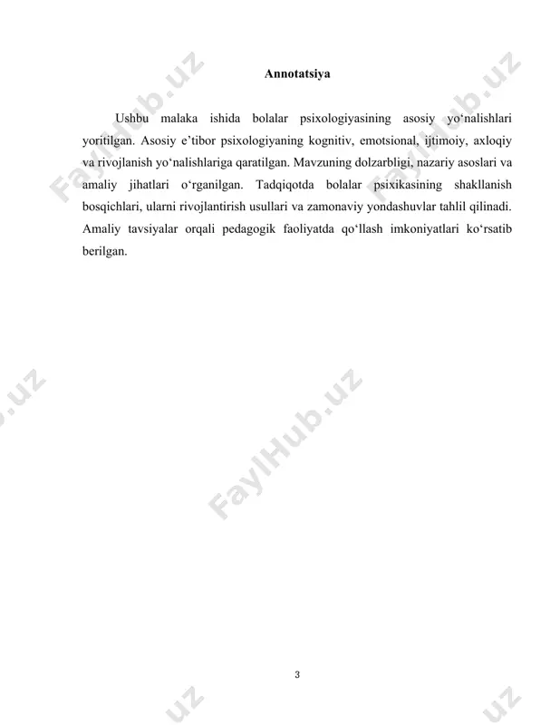 kmalarni egallaydi. l. s. vygotskiy, j. piaget, a. v. petrovskiy, d. b. elkonin kabi olimlar tomonidan bolalar psixologiyasining asosiy jihatlari chuqur o‘rganilgan. bunda quyidagi psixologik jarayonlarning shakllanishiga alohida e’tibor qaratiladi: idrok va e’tibor: bola o‘ziga yaqin bo‘lgan predmetlarga e’tibor qaratadi, idrok qilish hajmi ortadi. xotira: mantiqiy va obrazli xotira shakllanadi. tafakkur: predmetlar o‘rtasidagi bog‘liqlikni tushunish va tahlil qilish ko‘nikmalari rivojlanadi. nutq: faol so‘z boyligi ortadi, ichki nutq shakllanadi. emotsional rivojlanish: his-tuyg‘ularni anglash va ifodalashga o‘rganadi. quyida “maktabgacha taʼlim tashkilotida bolalar psixologiyasining asosiy yoʻnalishlari” mavzusidagi malaka ishi uchun asosiy qism namunasi keltirilgan. bu qism odatda bir necha bo‘limlardan iborat bo‘ladi. quyidagi matn uchta asosiy bo‘limga ajratilgan va umumiy ko‘rinishda berilgan: 1. maktabgacha yoshdagi bolalar psixologiyasining nazariy asoslari maktabgacha yosh (3–7 yosh) — bu bolaning psixik rivojlanishida muhim bosqich bo‘lib, u erkin harakat, nutq, tafakkur, ijtimoiy munosabatlar va mustaqillikning shakllanishi bilan xarakterlanadi. psixologik nazariyalarga ko‘ra, bu davrda bola atrof muhitni faol o‘zlashtira …