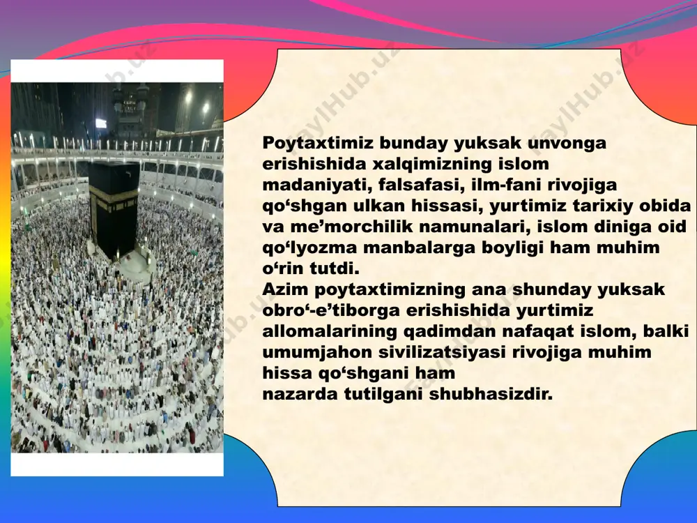 baroqxon madrasasi, mo‘yi muborak ziyoratgohi, tillashayx masjidi, o‘zbekiston musulmonlari idorasining binosi va boshqa noyob, betakror imoratlar inson ko‘zini quvontirib, xalqimizning buyuk bunyodkorlik salohiyati va yaratuvchilik dahosining yana bir marta yorqin namoyoniga aylandi. kunning ikkinchi yarmida konferensiya ishtirokchilari muloqotni o‘zbekiston hududida islom sivilizatsiyasining shakllanish va rivojlanish xususiyatlari, sharq uyg‘onish davrida islom ilohiyotshunosligi va dunyoviy fanlar rivoji, islom ta’limoti rivojida markaziy osiyo mutafakkirlarining roli, musulmon me’morchiligi va san’ati taraqqiyoti, o‘zbekistonning yozma va moddiy yodgorliklari – umumislom sivilizatsiyasi merosi, sivilizatsiyalararo va konfessiyalararo muloqot – bag‘rikenglik poydevori kabi mavzularga bag‘ishlangan sho‘’balarda davom ettirdi. xalqaro konferensiya ishtirokchilari hazrati imom majmuasini ziyorat qildilar. mehmonlar bu yerdagi yangitdan barpo etilgan masjid va qaytadan tiklangan hamda ta’mirlangan noyob tarixiy obidalarni ko‘zdan kechirish asnosida el-yurtimizning bugungi kunda ham islom madaniyati rivojiga salmoqli hissa qo‘shayotganiga guvoh bo‘ldilar. image2.jpeg image3.gif image4.png image5.jpeg image6.jpeg image7.jpeg image8.jpeg image9.jpeg image10.jpeg image11.gif image12.gif image13.jpeg image14.gif image15.jpeg image16.jpeg image17.jpeg /docprops/thumbnail.jpeg