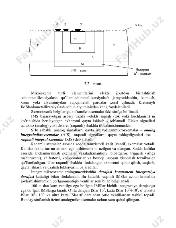 kremniy ikki oksidi sio2 o’ynaydi. bu pardadamaxsus usullar (fotolitografiya) yordamida darcha deb ataluvchi teshiklar shakllanadi. kiritmalar yoki diffuziya (yuqori temperaturada ularning kontsentratsiya gradienti tasirida kiritma atomlarini yarim o’tkazgichli asosga kiritish), yoki ionli legirlash yordamida amalga oshiriladi. ionli legirlashdamaxsusmanbalardan olingan kiritma ionlari tezlashadi va elektrmaydonda fokuslanadilar, asosga tushadilar va yarim o’tkazgichning sirt qatlamiga singadilar. planar texnologiyada yasalgan yarim o’tkazgichli bipolyar tuzilmali ims namunasi va uning ekvivalent elektr sxemasi 7.1 a, b - rasmda keltirilgan. diametri 76mmli yagona asosdabir varakayiga usulda bir vaqtning o’zida ҳar biri 10 tadan 2000 ta element (tranzistorlar, rezistorlar, kondensatorlar)dan tashkil topgan 5000mikrosxema yaratishmumkin. diametri 120mm bo’lgan plastinada o’nlabmilliontagacha element joylashtirishmumkin. zamonaviy imslar qotishmali planar – epitaksial texnologiyada yasaladi. bu texnologiya planar texnologiyadan shunisi bilan farq qiladiki, barcha elementlar r–turdagi asosda o’stirilgan n–turdagi kremniy qatlamida ҳosil qilinadi. epitaksiya deb kristall tuzilmasi asosnikidan bo’lgan qatlam o’stirishga aytiladi. a) b) 7.1 – rasm. planar – epitaksial texnologiyada yasalgan tranzistorlar ancha …