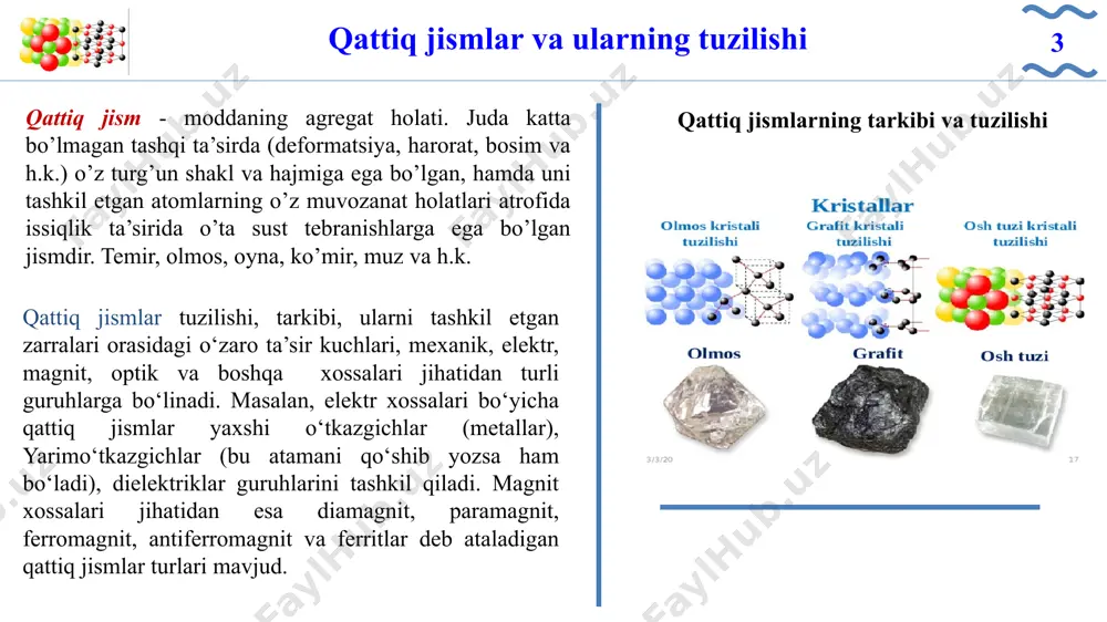 onachalarining chegaralari, kichik burchakli dislokatsiya chegaralari kiradi. hajmiy nuqsonlarga stexiometriyadan chetlanish, vakansiyalar majmuasi yoki boshqa elementar nuqsonlar to’plami va darz ketgan joylar, bo’shliqlar, boshqa fazalarning aralashmasi kabi tartibsizliklar va hokazo nuqsonlar kiradi. 10 qattiq jismlardagi nuqsonlar 11 kristall panjaraning hajmiy nuqsonlari 11 e’tiboringiz uchun rahmat! 12 image1.png image2.jpeg image3.png image4.png image5.png image6.png image7.png image8.png image9.png image10.png image11.png