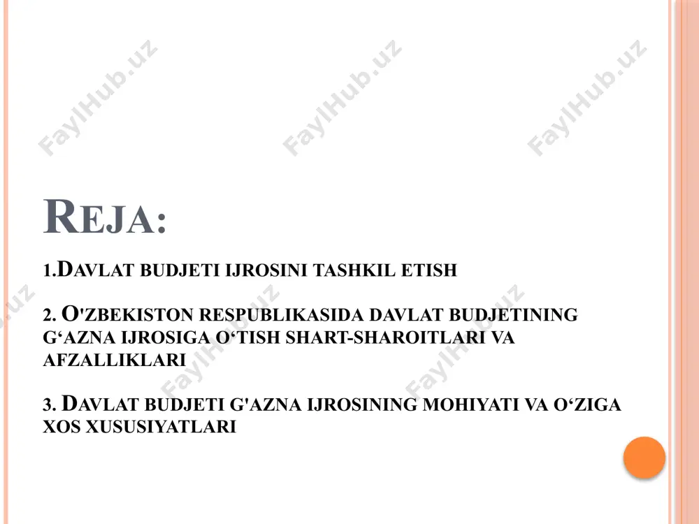 publikasi vazirlar mahkamasiga kiritadi. vazirlar mahkamasi tomonidan budjetnoma 0‘zbekiston respublikasi hisob palatasiga xulosa taqdim etishi uchun - joriy yilning 20-sentabriga qadar kiritiladi. 0‘zbekiston respublikasi moliya vazirligi tomonidan vakil qilingan vazirliklar, davlat qo‘mitalari, idoralar, shuningdek, tegishli tashkilotlar bilan birgalikda ishlab chiqilgan va vazirlar mahkamasiga kiritiladigan “budjetnoma” deb ataladigan hujjat quyidagilami o‘z ichiga oladi: - mamlakatni ijtimoiy-iqtisodiy rivojlantirishning o‘tgan yilgi asosiy yakunlari va mamlakatni ijtimoiy-iqtisodiy rivojlantirishning joriy yilgi yakunlarining prognoz bahosini; - davlat budjeti va davlat maqsadli jamg'armalari budjetlarining loyihasini ishlab chiqishda foydalanilgan asosiy makroiqtisodiy ko‘rsatkichlar prognozini; - davlat budjeti va davlat maqsadli jamg'armalari budjetlari joriy yildagi ijrosining prognoz bahosini; - soliq va budjet siyosatining asosiy yo‘nalishlari loyihasini; - davlat budjetining va davlat maqsadli jamg'armalari budjetlarining loyihasini; - davlat qarzining holati to‘g‘risidagi ma’lumotlar; - soliq va budjet siyosatining asosiy yo'nalishlari hamda 0 ‘zbekiston respublikasi davlat budjetining va davlat maqsadli jam g‘armalari budjetlarining loyihasiga doir tushuntirish xatini. davlat budjetining g‘azna ijrosini tashkil etish, …