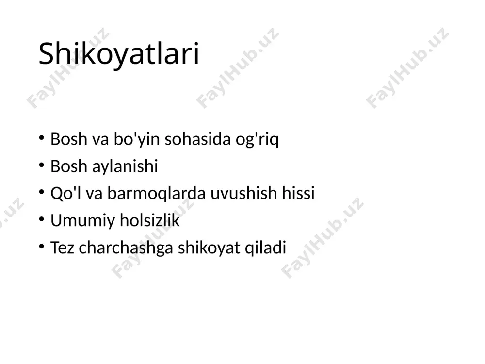 miya nervlari o'zgarishsiz patologik reflekslar aniqlanmadi. dastlabki diagnoz: bo'yin umurtqalari osteoxondrozi tekshirish rejasi laborator umumiy qon tahlili qon biokimyoviy tahlil siydik tahlili axlat tahlili qon ivish ko'rsatkichi instrumental bo'yin umurtqalari rentgenografiyasi bo'yin sohasi mskt ekg, exokg jigar, taloq uttsi nevrolog konsultatsiyasi siydik tahlili ko'rsatma natija norma miqdori 100ml 100ml rangi somon rangda somon rang tiniqligi tiniq tiniq solishtirma og'irligi 1024 1012-1024 oqsil - - glukoza - - epiteliy 2-4 2-5 eritrosit - - leykotsit 1-2 2-4 axlat tahlili ko'rsatkichlar natija muskul to'qimasi - birik. to'qima 2-3 epiteliy leykosit eritrosit yo'q sodda hayvonlar aniqlanmadi gijja tuxumlari aniqlanmadi instrumental tekshiruv natijalari rentgen: bo'yin umurtqalari osteoxondrozi; ekg: yurak urishi ritmik, ritm sinusli utt( buyrak, siydik pufagi): o'ng buyrak 124×61mm, chap buyrak 125×63mm, konturlari aniq, izoexogen, siydik pufagi o'zgarishsiz. jigar konturlari aniq, chegaralari 9×8×7. klinik diagnoz va uni asoslash bemor shikoyatlari: bo'yin va bosh sohasida og'riq, boshni harakatlantirgan vaqtda og'riq bo'lishi, og'riqning qo'llarga berilishi, …