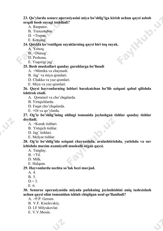 a so’lak bezi mavjud. a. 4. b. 5. d.+ 3. e. 6. 30. senuroz operasiyasida miyada pufakning joylashishini aniq tashxislash uchun qaysi olim tomonidan ishlab chiqilgan usul qo’llaniladi? a. +p.p. gersen. b. v.f. kiselevskiy. d. i.f milyukovlar. e. v.v.mosin. 31. burun oblasti qaysi nervlar orqali innervasiya qilinadi? a. shox nervi. b. g’altak nerv. d.+ ko’z osti, panjarsimon nervlar. e. yuqorigi jag’ nervi. 32. buqaga burun halqasini o’tkazish operasiyasida halqa o’rnatilgandan so’ng jarohat necha kunda bitadi? a. +8-10 kunda. b. 2-3 kunda. d. 15-20 unda. e. 1-2 kunda. 33. rinoplastika operasiyasi nima? a. quloq kesish. b. +burun plastikasi. d. burunga xalqa o’tkazish. e. shoxsizlantirish. 34. buqalarda rinoplastika operasiyasi texnikasi qaysi olimlar tomonidan ishlab chiqilgan? a. +fomenko va magda . b. p.p. gersen va v.f. kiselevskiy. d. i.f milyukovlar va v.v.mosin. e. fomenko va v.v.mosin. 35. otlarda til nervini og’riqsizlantirishda qancha miqdorda novokain yuboriladi? a. 20 ml 3 % novokain eritmasi. b. …