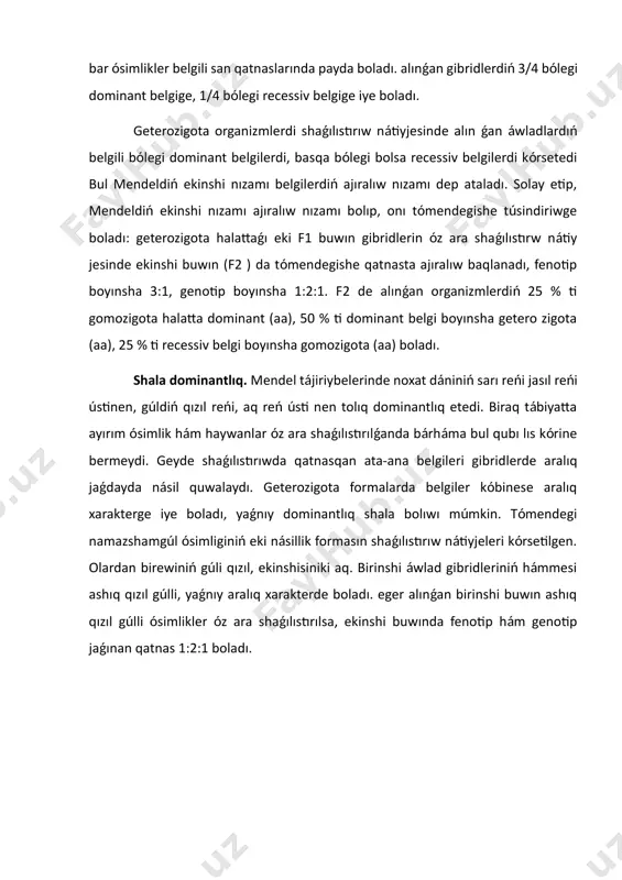 gota halatta dominant (aa), 50 % ti dominant belgi boyınsha getero zigota (aa), 25 % ti recessiv belgi boyınsha gomozigota (aa) boladı. shala dominantlıq. mendel tájiriybelerinde noxat dániniń sarı reńi jasıl reńi ústinen, gúldiń qızıl reńi, aq reń ústi nen tolıq dominantlıq etedi. biraq tábiyatta ayırım ósimlik hám haywanlar óz ara shaǵılıstırılǵanda bárháma bul qubı lıs kórine bermeydi. geyde shaǵılıstırıwda qatnasqan ata-ana belgileri gibridlerde aralıq jaǵdayda násil quwalaydı. geterozigota formalarda belgiler kóbinese aralıq xarakterge iye boladı, yaǵnıy dominantlıq shala bolıwı múmkin. tómendegi namazshamgúl ósimliginiń eki násillik formasın shaǵılıstırıw nátiyjeleri kórsetilgen. olardan birewiniń gúli qızıl, ekinshisiniki aq. birinshi áwlad gibridleriniń hámmesi ashıq qızıl gúlli, yaǵnıy aralıq xarakterde boladı. eger alınǵan birinshi buwın ashıq qızıl gúlli ósimlikler óz ara shaǵılıstırılsa, ekinshi buwında fenotip hám genotip jaǵınan qatnas 1:2:1 boladı. shala dominantlıq, aralıq násilleniw qulpınay miywesiniń reńi, quslar páriniń dúzilisi, andaluz tawıq páriniń reńi, adamdaǵı bioximiyalıq belgi lerde hám basqalarda baqlanadı. analizlewshi shaǵılıstırıw. …