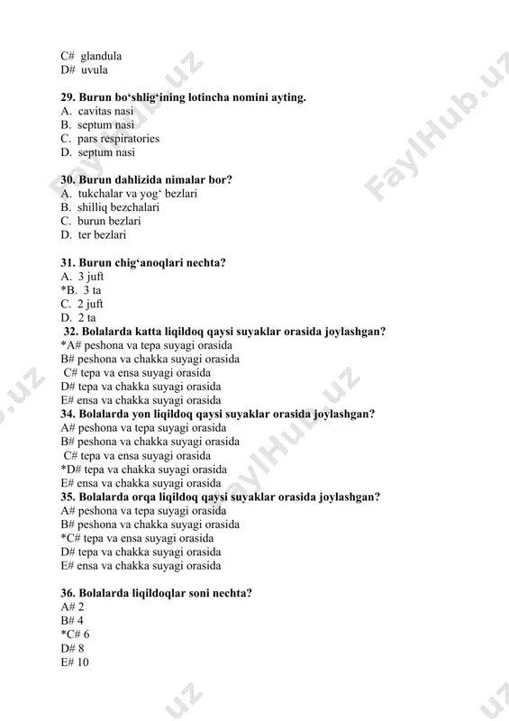 dinga yoki orqaga siljigan bo‘lsa e# to‘g‘ri javob berilmagan 14. ortognotik (to‘g‘ri# prikusni toping: a# yuqori tishlar pastki tishlarni i —2 mm yopsa b# pastki tishlar yuqoridagi tishlarni 1 —2 mm yopsa c# alveolyar o‘siq va oldingi tishlar oldinga yoki orqaga siljisa d# yuqori va pastki tishlar qirrasi bir-biriga to‘g‘ri kelsa e# to‘g‘ri javob berilmagan 15. teskari qoplovchi prikusni ko’rsating: a# yuqoridagi tishlar pastki tishlami 1 —2 mm yopadi b# pastki tishlar yuqoridagi tishiami 1 —2 mm yopadi c# yuqori va pastki tishlar qirrasi bir-biriga to‘g‘ri keladi d# alveolyar o‘siq va oldingi tishlar oldinga yoki orqaga siljigan e# to‘g‘ri javob berilmagan 16. qaysi tishlar faqat bir ildizli bo‘ladi? a# qoziq tishlar b# pastki kichik oziq tishlar c# kurak tishlar d# yuqoridagi kichik oziq tishlar e# abc javoblar to‘g‘ri 17. katta teshik bosh skeletining qaysi qismida joylashgan? a# ensa b# peshona c# tepa d# chakka e# ponasimon suyak 18. quyidagi qaysi …