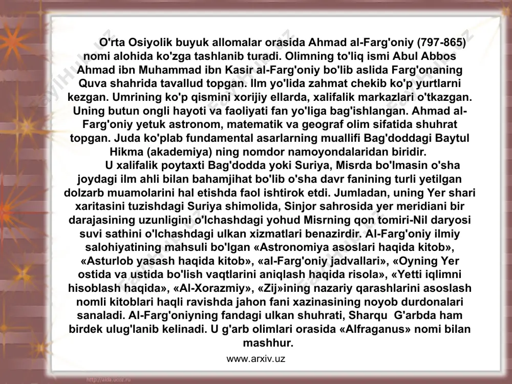 lanib o'z bebaho ahamiyatini yo'qotmay, bugungi avlod kishilari uchun o'rganish manbai bo'lib, kelayotganlari ham talaygina. bular jumlasiga «qadimgi xalqlardan qolgan yodgorliklar», «xorazmning mashhur kishilari», «hindiston», «ma'sud qonuni», «mineralogiya», «saydona», «astrologiyaga kirish», «astronomiya kaliti», «jonni davolovchi quyosh kitobi», «foydali savollar va to'g'ri javoblar», «ibn sino bilan yozishmalar» singari tarixiy kitoblarni kiritish mumkin. beruniy asarlari asrlardan buyon sharqu g'arbda keng tarqalgan bo'lib ular yuksak qadr topgan. «hindiston» asari to'g'risida so'z yuritgan olim v.r.rozin «sharq va g'arbning qadimgi va o'rta asrdagi butun ilmiy adabiyoti orasida bunga teng keladigan asar yo'q» deb baho beradi. beruniyning «mineralogiya» asari ham o'z zamonasi uchun o'rta osiyo yaqin sharq, hatto yevropada ham mineralogiya sohasidagi tengi yo'q asar sifatida e'tirof topgan. alloma merosi uning bugungi mustaqil yurtida minnatdor avlodlari nigohida, doimiy e'tiborida, e'zozidadir. www.arxiv.uz www.arxiv.uz abu rayxon beruniyning zamondoshi va safdoshi abu ali ibn sino (980-1037) ham o'z davrining yetuk allomasi fan fidoyisi sifatida mashhurdir. buxoroi sharifning afshona qishlog'ida …
