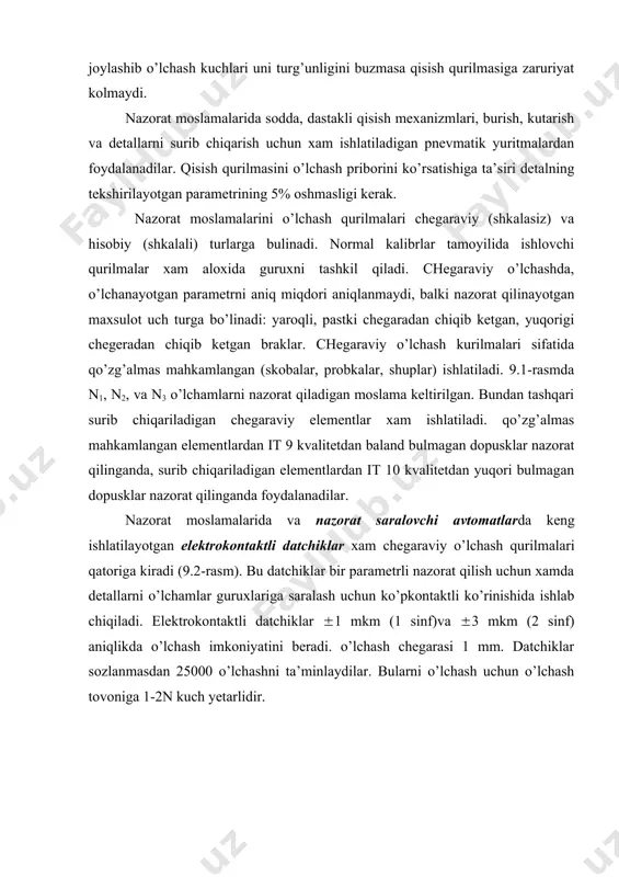 r. rasm. surib chiqariladigan chegaraviy elementli moslama. rasm. elektrokontakt datchikli moslama sxemasi. hisobiy o’lchash vositalari sifatida odatda tishli uzatmali va richagli indikatorlar ishlatiladi. priborlar 3 sinf bo’yicha ishlanadi: 0, 1 va 2 sinflar. bularni strelka bir aylanishidigi xatoligi 0.01; 0.015 va 0.02 mm. dopuski 0.03 mm dan kam bo’lmagan detallarni nazorat qilish uchun xatoligi 0,01 mm bo’lgan indikator ishlatiladi. aniqrok o’lchashlar uchun bulinmalar qiymati 0.002 va 0.001 mm teng mikroindikator va minimetrlar ishlatiladi. korxonalarda induktiv datchiklar va pnevmatik mikrometrlar xam tarqalgan. bunday nazorat moslamalari 0,5…0.2 mkm aniqlikda o’lchash imkoniyatini beradi. normal kalibrlar printsipida ishlovchi qurilmalar sifatida ko’pincha yassi konturli, xajmiy (fazoviy) shablonlar ishlatiladi. tekshirilayotgan detallar yarokliligi shuplar kiritish yordamida yoki tirqishni ko’z bilan baholash yordamida aniqlanadi. bu turdagi moslamalar bilan ko’p xollarda baza teshigini detall konturiga nisbatan joylashishi tekshiriladi. bu ish nazorat skalkalari yordamida bajariladi. nazorat moslamalarini ba’zi tipaviy sxemalarini ko’rib chiqamiz: 1. ikkita tsilindrik yuzalarni paralleligini tekshirish moslamasi (9.3 …