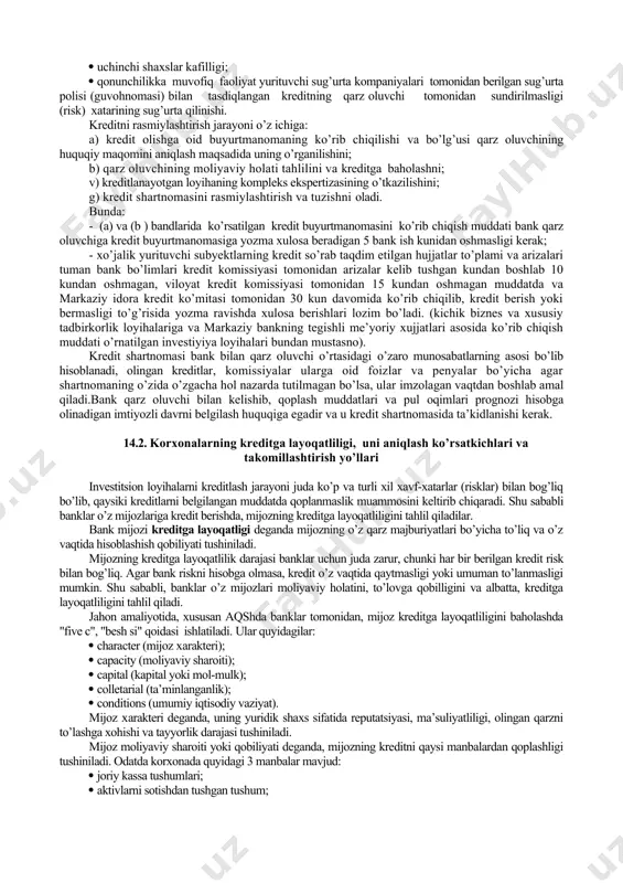 ktlarning uzoq muddatli kreditlash jarayonlarini tartibga soladi. hozirgi kunda ko’pgina tijorat banklari uzoq muddatli kreditlash jarayonini o’zlarining ichki kredit siyosatidan kelib chiqqan holda mustaqil amalga oshiradilar. uzoq muddatli kreditlar - ishlab chiqarish va ijtimoiy maqsadlar uchun mo’ljallangan obyektlarni, qurilish, rekonstruktsiya qilish, texnik qayta jihozlashga oid harajatlar bilan bog’liq kapital qo’yilmalarni moliyalash, texnika, texnologiyalar va uskunalarni harid qilish, asosiy chorva, ko’p yillik o’simliklarni shakllantirish, shuningdek, boshqa investitsiya maqsadlari uchun mo’ljallangan kreditlardir. uzoq muddatli kredit - 1 yildan ortiq, biroq qoplash muddatidan ortiq bo’lmagan muddatga beriladigan ssudalardir. uzoq muddatli kreditlar bilan xo’jalik yurituvchi subyektlar — yuridik shaxslar va xususiy tadbirkorlar, shuningdek, qonun hujjatlarida belgilangan tartibda ro’yxatga olingan, yuridik shaxsni hosil qilmagan dehqon xo’jaliklari ta’minlanadilar. kreditlanayotgan obyekt qiymatining kamida 30 % i o’z yoki boshqa xil moliyalash manbalari bilan ta’minlangan qurilish obyektlarini kreditlash uchun tavsiya etiladi, lekin amaliyotda muhim investitsiya loyihalari uchun istisno tariqasida bu me’yordan past bo’lishi mumkin. o’zbekiston respublikasi vazirlar mahkamasining …