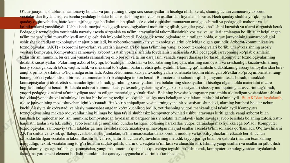 irish va rivojlantirish uchun o‘qituvchilarning metodik tayyorgarligi bilan bir qatorda (ma'lum texnikaning mavjudligi, texnik vositalarning to‘g‘ri holatini saqlab qolish, ularni o‘z vaqtida ta'mirlash va almashtirish). ishning yangi usullari va usullarini jalb qilish katta ahamiyatga ega bo‘lishiga qaramasdan, yangi ma'lumotni o‘qitishda o‘qituvchiga tegishli bo‘lishi kerak, kompyuter texnologiyasidan foydalanish faqatgina yordamchi element bo‘lishi mumkin. ular qanday doyguncha o‘zlarini ko‘tarishadi. pedagogik jarayonda bunday vositalarni joriy etish va uning yaxlitligini ta'minlash katta ahamiyatga ega. axborot va kommunikatsiya texnologiyalaridan foydalangan o‘qituvchi yaxshi tayyorgarlik ko‘rish va ularning ishlaridan xabardor bo‘lishlari kerak. buning uchun ulardan foydalanish maqsadga muvofiqligini, pedagogik vazifalarga muvofiqligini, ushbu vositalardan foydalanishning barcha jihatlari va xususiyatlarini bilish uchun kerakli metodik tayyorgarlik talab qilinadi. bundan tashqari, texnik jihatdan ham o‘qituvchiga turli xil texnik vositalardan foydalanish qobiliyati va ularni qo‘llashda xavfsizlik to‘g‘risida bilishni talab qilishlari kerak. bugungi kunda ko‘plab o‘qituvchilar kompyuter texnologiyalari bilan ishlash uchun zarur ko‘nikmalarga ega emasligi, zamonaviy ta'lim tizimida ta'limning yangi shakllarini joriy etishga …
