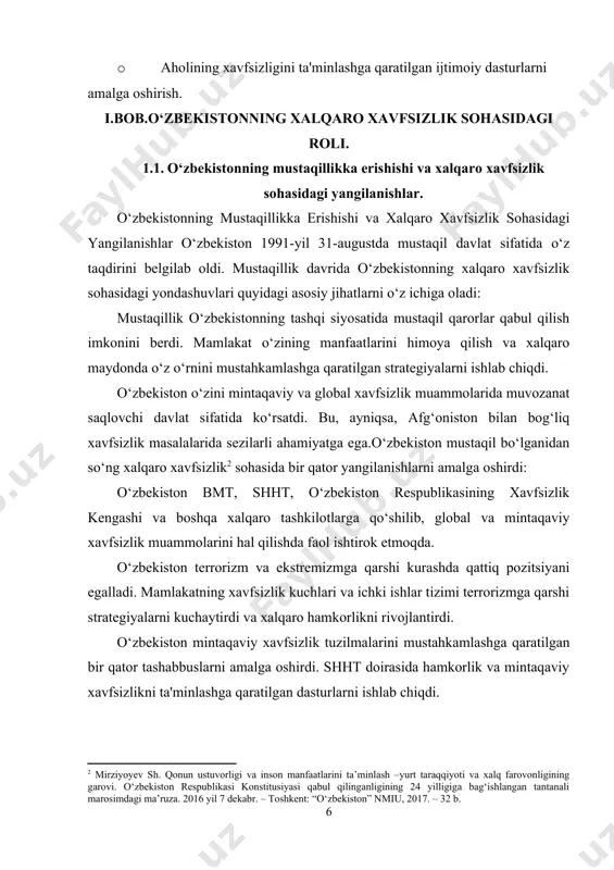 giyalarni amalga oshirdi. iqtisodiy barqarorlik xalqaro xavfsizlikni mustahkamlashda muhim omil hisoblanadi. o‘zbekiston ichki ijtimoiy barqarorlikni ta'minlashga qaratilgan dasturlarni amalga oshirdi. aholining ijtimoiy himoyasi va rivojlanishi xalqaro xavfsizlikni ta'minlashda muhim rol o‘ynaydi. o‘zbekiston mustaqillikka erishishi bilan xalqaro xavfsizlik sohasida yangilanishlar va o‘zgarishlarga kirishdi. mamlakat o‘zining mustaqil tashqi siyosatini olib borib, mintaqaviy va global xavfsizlikni ta'minlashda muhim rol o‘ynaydi. xalqaro tashkilotlar bilan hamkorlik, terrorizmga qarshi kurash va iqtisodiy barqarorlikni ta'minlash o‘zbekistonning xavfsizlik strategiyasining asosiy yo‘nalishlaridir. o‘zbekiston 1924-yilda sovet ittifoqining tarkibiga kirdi. bu davr mobaynida mamlakat iqtisodiy va siyosiy jihatdan markaziy boshqaruvga bo‘ysundi.1991-yil 31-avgustda o‘zbekiston o‘z mustaqilligini e'lon qildi. bu voqea xalq uchun tarixiy ahamiyatga ega bo‘lib, yangi siyosiy, iqtisodiy va ijtimoiy jarayonlarni boshladi. o‘zbekiston mustaqillikni qo‘lga kiritgandan so‘ng, o‘zining tashqi siyosatini mustaqil ravishda belgilashni boshladi. mamlakat o‘z manfaatlarini himoya qilishga qaratilgan strategiyalar ishlab chiqdi.o‘zbekiston bmt va shht kabi xalqaro tashkilotlarda faol ishtirok etadi. bu orqali xalqaro xavfsizlikka hissa qo‘shish va mintaqaviy barqarorlikni …