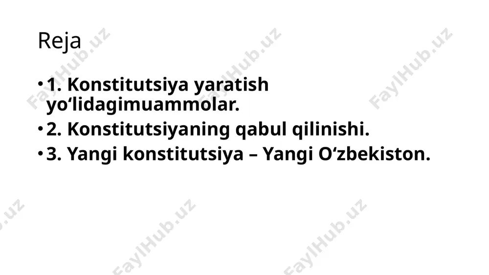 staqil davlat haqidagi ko‘p asrli orzusini mujassam etgan. avvalambor, konstitutsiyaviy “bino”ni qurishda uch ming yillik milliy davlatchilik tajribasiga tayanilgan. bugungi o‘zbekiston qadimgi xorazm va so‘g‘diyona, qoraxoniylar, xorazmshohlar, amir temur va temuriylar, o‘zbek xonliklari, ma’rifatparvar ajdodlarimiz, xalqimizning tarixiy an’analari va uning mustaqil davlat haqidagi ko‘p asrli orzusini mujassam etgan. qolaversa, manfaatlarimiz va intilishlarimizdan kelib chiqqan holda, asosiy qonunimiz sharq va g‘arb, janub va shimolning 97 ta mamlakati to‘plagan ilg‘or konstitutsiyaviy tajribani hisobga olib yaratilgan. shu o‘rinda suveren o‘zbekistonning birinchi konstitutsiyasini tayyorlash, muhokama etish, qabul qilish va uning amal qilishi yo‘lidagi 10 ta huquqiy qadamni bu boradagi eng muhim tarixiy voqealar sifatida sanab o‘tish lozim. zotan, konstitutsiyani yaratish tarixi – bu mustaqillik uchun kurashning uzviy tarkibiy qismidir. konstitutsiyani yaratish yo‘lidagi birinchi huquqiy qadam – o‘zbek tiliga davlat tili maqomi berilishidir. bu haqda gap borganda, avvalambor, 1989 yilning 21 oktabr kuni qizg‘in bahs va tortishuvlardan so‘ng siyosiy-ma’naviy hayotimizdagi unutilmas hodisa amalga oshirilgani – …