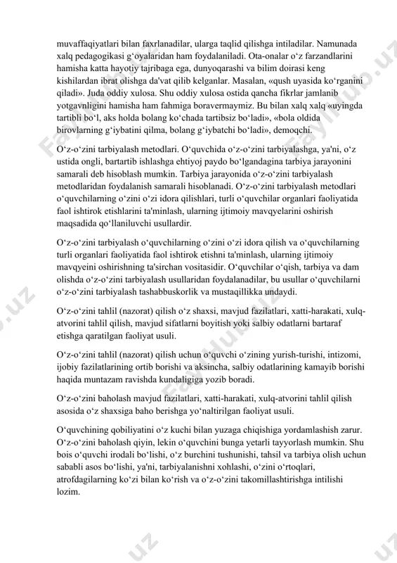 iqdir. suhbat yoki hikoya mavzusining o‘quvchilar tomonidan belgilanishi, ularning samarali kechishini ta'minlaydi, buning natijasida o‘quvchilar ilgari surilayotgan mavzuga befarq qaramaydilar. namuna. o‘quvchilar o‘z atrofidagi kishilarda hamma yaxshi axloqiy sifatlarni ko‘rishlari va ibrat olishlari nihoyatda muhim. o‘qituvchining shaxsan o‘zi namuna bo‘lishi, ayniqsa, yoshlarga katta ta'sir ko‘rsatadi. ular o‘qituvchining darsda va hayotda o‘zini qanday tutishini, atrofdagi kishilar bilan qanday muomala qilishini, o‘z vazifalarini qanday bajarishini kuzatib yuradilar. o‘quvchilar o‘zlariga yaqin kishilarning xulq-atvoriga taqlid qiladilar, xulq-atvorlar bolalarda yaxshi sifatlarning, ba'zan esa yomon sifatlarning ham tarkib topishiga ta'sir ko‘rsatadi. shuning uchun o‘qituvchi va ota-onalar har qanday holatda ham o‘zlarini tuta bilishlari kerak. ular qaerda bo‘lishmasin, atroflarida bolalar borligini his etishlari lozim. kattalarning so‘zi bilan yurish-turishi va xatti-harakatlarida tafovut bo‘lmasligi kerak. ilg‘or kishilarning hayoti va faoliyatidan olingan ma'lumotlar, adabiy asar, kinofilm va spektakllar qahramonlarining xatti-harakatidagi yaxshi namunalar bolalarning ongiga kuchli ta'sir qiladi. maktablarda ishlab chiqarish ilg‘orlari bilan uchrashuvlar o‘tkaziladi. o‘quvchilar o‘z ota-onalarining ishlab chiqarishdagi muvaffaqiyatlari …