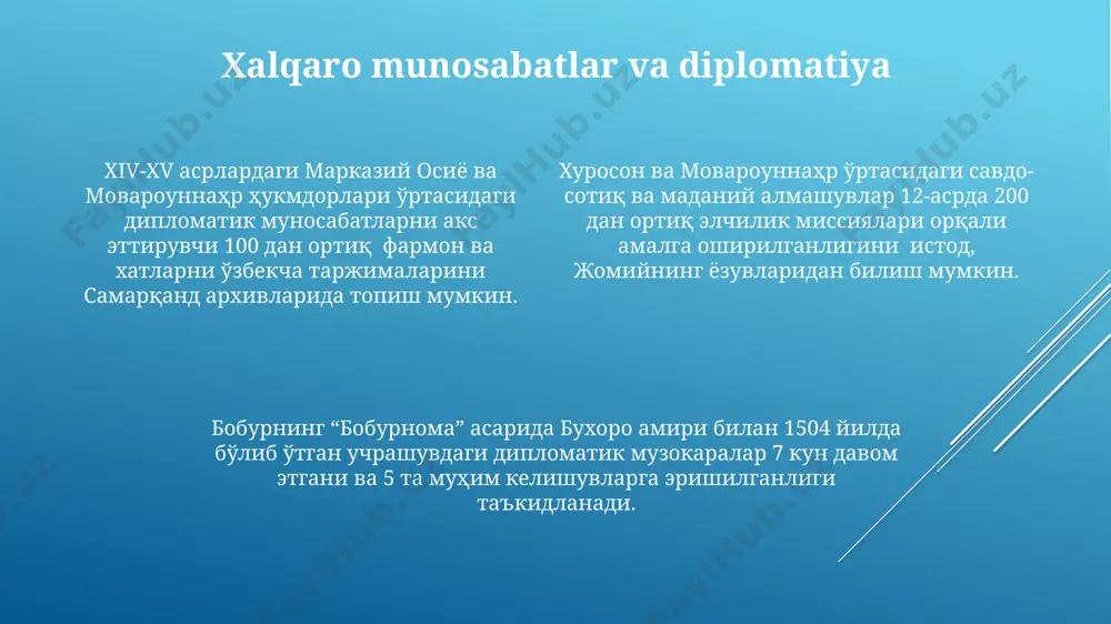 lar, buxoro, samarqand va marg'ilon kabi shaharlarning iqtisodiy va ijtimoiy hayoti haqida qimmatli ma'lumotlarni o'z ichiga oladi. ilm-fan va ta'lim 12-asr samarqanddagi ilm-fan markazlarida matematika, astronomiya va tibbiyot kabi fanlarning rivojlanganligi fors manbalarida batafsil tasvirlangan. buxoro va xorazmning 13-asrda islom dunyosidagi 30 dan ortiq madrasalarga ta'siri fors manbalarida ta'lim tizimini aks ettiradi. 14-asrda margʻilon va oshdagi kutubxonalarning fors adabiyoti va ilmiy asarlarga boyligi fors manbalarida keltirilgan. siyosiy tarix va davlat tuzilmalari xiii asrda xorazm shahrida, amir temur davrida 50 dan ortiq viloyatni oʻz ichiga olgan kuchli davlat tuzilmasi haqida maʼlumotlar mavjud. markaziy osiyodagi 14-asr davlatlari, masalan, movarounnahr va eron oʻrtasidagi siyosiy munosabatlarni aks ettiruvchi 20 dan ortiq manbalar mavjud. "tarixi-guzida" asarida 12-13 asrlarda buxoro amirligi va uning maʼmuriy boʻlinmalari, soliq tizimi va harbiy kuchlari haqida batafsil bayon etilgan. madaniyat va san'at “madaniyat va san’at” asarlarida xorazm viloyatining 12-asrda rivojlangan madaniy hayoti, 50 dan ortiq ilmiy va adabiy asarlarning yaratilishi haqida …