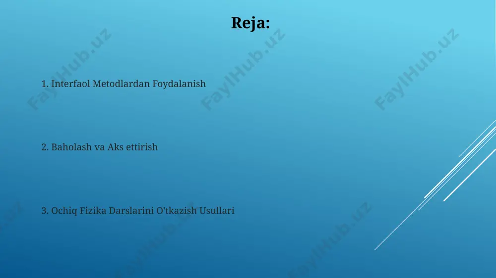 rishni o‘rgatadi. guruhlarni 3-5 nafar o‘quvchidan tashkil qilish, har bir guruhga ma’lum bir vazifa (masalan, tajriba o‘tkazish, hisobot tayyorlash) berish va natijalarni sinf oldida taqdim etishni tashkil qilish samarali bo‘ladi. ochiq fizika darslarini o'tkazishning umumiy prinsiplari o'quv jarayonida kamida 20% vaqtni o'quvchilarning mustaqil fikrlash va muhokamalariga, eksperiment natijalarini tahlil qilishga ajratish kerak. darsning samaradorligini baholashda nafaqat o'quvchilarning nazariy bilimlarini, balki ularning amaliy ko'nikmalarini va muammo yechish qobiliyatlarini ham hisobga olish lozim. o'quvchilarning faol istirokini ta'minlash "miya hujumi" (brainstorming) usuli yordamida 5-7 daqiqada o'quvchilarning mavzuga oid fikrlarini to'plash va ularni sinfdoshlari bilan baham ko'rish imkoniyati faol ishtirokni oshiradi. har bir darsda kamida 2 ta ochiq savol berish orqali o'quvchilarning mustaqil fikrlash va tanqidiy baholash ko'nikmalarini rivojlantirish, ularning faol ishtirokini ta'minlaydi. tajriba va kuzatishlarni amalga oshirish tajriba jarayonida 3-5 nafar o‘quvchini faol jalb qilish, ularning kuzatishlarini tahlil qilish va natijalarni umumlashtirishga yordam berish, eksperiment xatoliklarini minimallashtirishga qaratilgan. kuzatishlarni aniq qayd etish uchun …