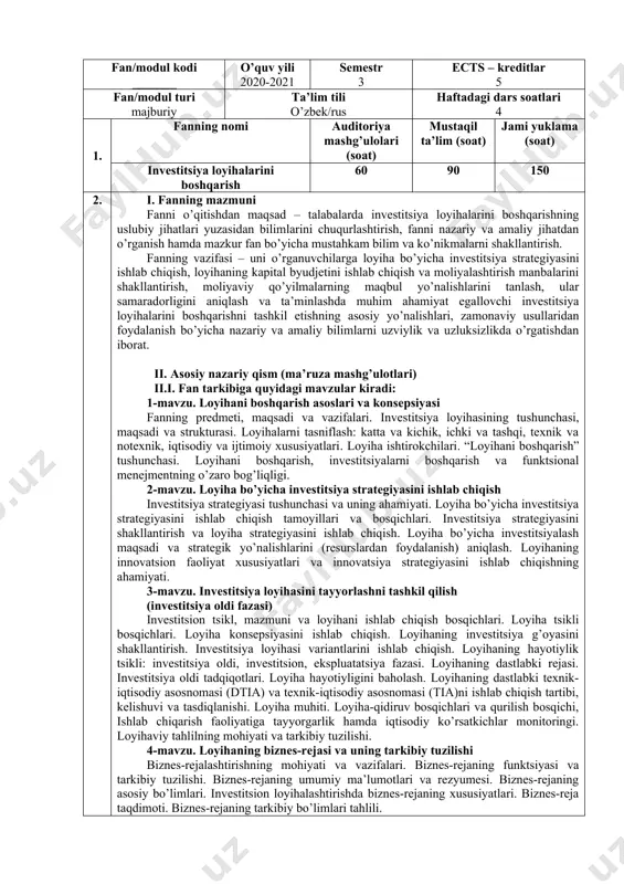 arni boshqarish. 12-mavzu. loyihani yakunlash loyihani ishga tushirishga tayyorlash. uskunalarni ishga tushirish, dastlabki sinovdan o’tkazish va uning ish sifatini nazorat qilish. texnologiyalarni boshqarishga zaruriy kadrlarni ta’minlash, ularni tayyorlash va malakasini oshirish. ishlab chiqarish jarayonini nazorat qilish. daromadlar hisobiga investitsiyalar qoplanishi monitoringini olib borish. loyiha samaradorligini baholash. shartnomalarni yopish. loyihadan chiqish. iii. amaliy mashg’ulotlap bo’yicha ko’pcatma va tavsiyalar ((laboratoriya ishlari), (seminar mashg’ulotlari), (kurs ishi), (mustaqil ta’lim) o’quv rejada ko’rsatilmagan) amaliy mashg’ulotlap uchun quyidagi mavzular tavsiya etiladi: 1-mavzu. loyihani boshqarish asoslari va konsepsiyasi; 2-mavzu. loyiha bo’yicha investitsiya strategiyasini ishlab chiqish; 3-mavzu. investitsiya loyihasini tayyorlashni tashkil qilish (investitsiya oldi fazasi); 4-mavzu. loyihaning biznes-rejasi va uning tarkibiy tuzilishi; 5-mavzu.investitsiya loyihalari marketingi; 6-mavzu. loyihaning kapital byudjetini ishlab chiqish va moliyalashtirish manbalarini shakllantirish; 7-mavzu. loyihaning ishlab chiqarish rejasi; 8-mavzu. investitsiya loyihasini boshqarishni rejalashtirish va tashkil etish; 9-mavzu. loyiha risklarini boshqarish; 10-mavzu. loyihaning sifat menejmenti; 11-mavzu. loyiha komandasini boshqarish; 12-mavzu. loyihani yakunlash. amaliy mashg’ulot mavzularida fanning ishchi …