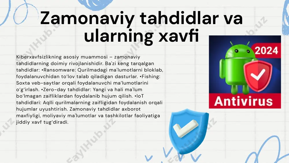 zizjonning 1-mustaqil ish topshirig‘i qabul qildi : radjabova m samarqand – 2024 style.visibility zamonaviy antivirus dasturiy vositalari va ularning imkoniyatlari style.visibility ppt_x ppt_y style.visibility ppt_x ppt_y antivirus dasturlari antivirus dasturlari – kompyuter, mobil qurilmalar va tarmoq tizimlarini zararli dasturlardan (viruslar, troyanlar, ransomware, keyloggerlar va boshqalar) himoya qilish uchun mo‘ljallangan maxsus dasturiy ta'minot. ular zararli kodlarni aniqlash, tozalash va tahdidlarni bartaraf etish orqali qurilmalarni xavfsiz holatda saqlaydi. zamonaviy tahdidlar va ularning xavfi kiberxavfsizlikning asosiy muammosi – zamonaviy tahdidlarning doimiy rivojlanishidir. ba'zi keng tarqalgan tahdidlar: •ransomware: qurilmadagi ma'lumotlarni bloklab, foydalanuvchidan to‘lov talab qiladigan dasturlar. •fishing: soxta veb-saytlar orqali foydalanuvchi ma’lumotlarini o‘g‘irlash. •zero-day tahdidlar: yangi va hali ma'lum bo‘lmagan zaifliklardan foydalanib hujum qilish. •iot tahdidlari: aqlli qurilmalarning zaifligidan foydalanish orqali hujumlar uyushtirish. zamonaviy tahdidlar axborot maxfiyligi, moliyaviy ma'lumotlar va tashkilotlar faoliyatiga jiddiy xavf tug‘diradi. antivirus dasturlarining rivojlanish tarixi ilk antivirus dasturlari va ularning vazifalari antivirus dasturlarining rivoji 1980-yillarga borib taqaladi. • ilk antivirus …
