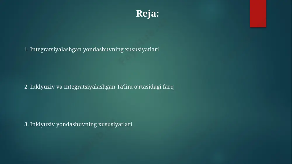 holash usullari (portfel, amaliy topshiriqlar, og'zaki baholash) qo'llaniladi, integratsiyalashgan ta'limda asosan standart testlar va yozma ishlar ustunlik qiladi. inklyuziv ta'limda o'quv dasturlari barcha o'quvchilarning ehtiyojlariga moslashtirilgan holda, 10% dan ortiq qo'shimcha resurslar va moslashtirilgan topshiriqlarni o'z ichiga oladi, integratsiyalashgan ta'limda esa standart dasturga moslashuvchanlik qo'shiladi. o'quv muhitining farqi integratsiyalashgan ta'limda esa, o'quv muhiti asosan umumiy talablarga mos keladi, qo'shimcha yordam faqat 15% ga yaqin o'quvchilarga individual ravishda taqdim etiladi. inklyuziv ta'limda o'quv muhiti barcha o'quvchilarning ehtiyojlariga moslashtirilgan bo'lib, kamida 3 ta turli xil o'qitish uslubi va 2 ta qo'llab-quvvatlash xizmati mavjud. inklyuziv muhit, o'quv dasturi va baholash tizimi o'quvchilarning 80% dan ortig'i uchun moslashuvchan, farqlovchi yondashuvlarni ta'minlaydi, integratsiyalashgan muhit esa standartlashtirilgan dasturga amal qiladi. jamiyatning roli жамият мактабларда инклюзив таълимнинг самарали жорий этилиши учун 30% дан ортиқ бюджет маблағларини ажратиши ва 50 дан ортиқ мутахассисни тайёрлаши керак. жамиятнинг маърифий даражаси ва инклюзив таълимга бўлган муносабати, мисол учун, 80% ота-оналарнинг мактабга …
