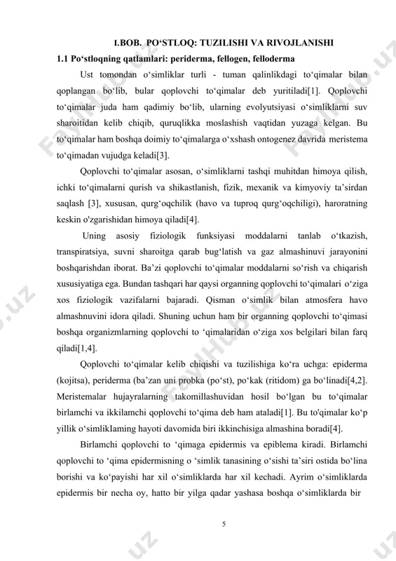 ar xil o‘simliklarda har xil kechadi. ayrim o‘simliklarda epidermis bir necha oy, hatto bir yilga qadar yashasa boshqa o‘simliklarda bir necha haftadan bir necha oyga qadar davom etadi. uning o‘rnini vujudga keladigan ikkilamchi qoplovchi po‘kak to‘qimasi egallaydi[1]. kojitsa, asosan, bir yillik o'simliklaming barcha yer usti organlari, bir yillik o‘simlikning yosh novdasi va bargini yopib (o‘rab, qoplab) turadi. ko‘p yillik o‘t buta va daraxtlarning novdalari, bargini faqat vegetatasiya davrida qoplaydi. yuzasi probka (po'st) dan iborat periderma kuzda yozgi qoplovchi to'qima epidermasi o‘rnini egallaydi, ko‘p yillik o‘simliklarni tashqi muhit noqulay sharoiti ta’siridan himoya qiladi. nihoyat, o‘simlikning yoshi ulg‘aya borgan sari peridermaning o‘rini murakkab to‘qima – po‘stloq egallaydi[4]. (1.1 1- rasm) 1.1 1- rasm. o‘simlik ildiz tizimida qoplovchi to‘qima 1.2 po‘stloqning qatlamlari: periderma, fellogen, felloderma periderma – o‘simliklarning tana, ildizlaridagi tashqi birlamchi qoplovchi to‘qimalarning o‘rnini egallaydigan, ko‘p qavatli murakkab tuzilishga ega bo‘lgan ikkilamchi qoplovchi to‘qimadir. bu to‘qima tuzilishi va bajaradigan vazifalari jihatidan bir …