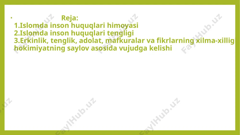 titutsiyamizda jamiki dunyoviy ne’matlar orasida eng ulug‘i - inson degan fikrni ilgari surildi va shu asosda “fuqaro - jamiyat – davlat” o‘rtasidagi o‘zaro munosabatning oqilona huquqiy yechimini topishga intildik. e’tiboringiz uchun rahmat /docprops/thumbnail.jpeg