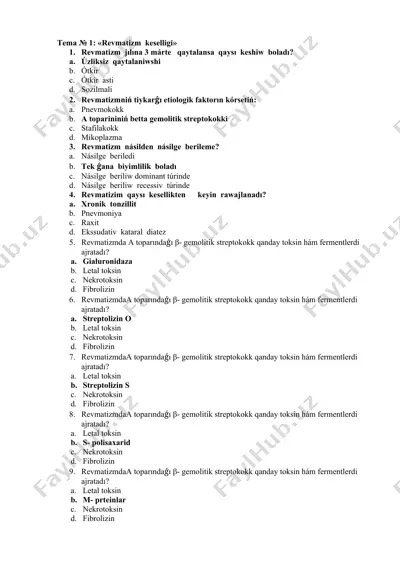revmatizm keselligi bo'yicha test savollari — DOC
