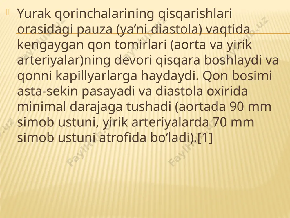 minutda 70-72 marta qisqaradi va kengayadi, uning har bir qisqarib-kengayishidan bitta puls hosil bo'ladi. shunday qilib, yurak bir minutda 70-72 marta ish siklini bajaradi. uning har bir ish sikliga 0,8 sek. sarflanadi. lumladan yurakning ikkala bo'lmachasi bir vaqtda 0,1 sek davomida qisqaradi, bu vaqtda ulardagi qon qorinchalarga o'tadi. so'ngra bo'lmalar 0,7 sek davomidabo'shashadi. bu vaqtda qorinchalar 0,3 sek davomida qisqarib, o'ng qorinchadagi qon o'pka arteriyasiga, chap qorinchadagi qon aortaga o'tadi. so'ngra qorinchalar bo'shashib, 0,5 sek davomida tenizm holatida bo'ladi. yurakning sistolik va rninutlik hajrni. yurak qorinchalari har bir qisqarganida 65-70 ml qonni arteriya tomirlariga chiqaradi. bu yurakning sistolik hajmi deb ataladi. tinch turgan holatda katta odamning yuragi bir minutda 70-72 marta qisqarib-kengayadi. har bir qisqarganida undan chiqarilgan qon miqdori uning bir minutda qisqarib-kengayishi soniga ko'paytirilsa, yurakning mi¬nutlik hajmi kelib chiqadi. masalan, bir marta qisqarganda o'rta¬cha 70 ml qon chiqarilsa, uni bir minutdagi qisqarib-kengayish soniga, ya'ni 70 ga ko'paytirilsa, yurakning minutlik …