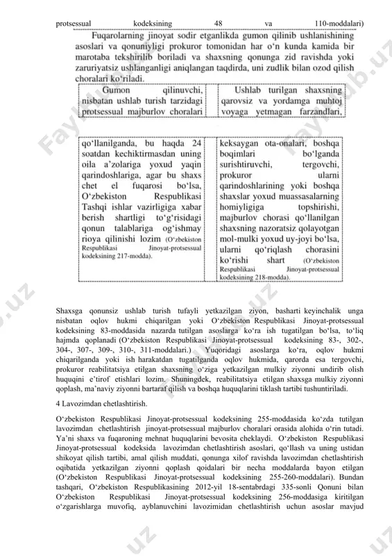 lik huquqlari ta’minlanishi hisoblanadi. shaxsni jinoyat sodir etishda gumon qilish uchun asos bo‘ladigan ma’lumotlar mavjud bo‘lgan hollarda, uning surishtiruv va dastlabki tergov organlaridan qochishga urinishi yoki doimiy yashaydigan joyining yo‘qligi yoxud aniqlanmaganligi ushbu shaxsni gumon qilinuvchi tariqasida ushlab turishga asos bo‘ladi. o‘zbekiston respublikasi jinoyat-protsessual kodeksining 221-moddasining 4-bandi. ichki ishlar organi xodimi, boshqa vakolatli shaxs ushlab turilgan shaxsga advokatga yoki yaqin qarindoshiga telefon orqali qo‘ng‘iroq qilish yoki xabar berish, himoyachiga ega bo‘lish, ko‘rsatuvlar berishni rad etishga bo‘lgan protsessual huquqlarini tushuntirishi, shuningdek u bergan ko‘rsatuvlardan jinoyat ishiga doir dalillar sifatida uning o‘ziga qarshi foydalanilishi mumkinligini bildirishi shart (o‘zbekiston respublikasi jinoyat-protsessual kodeksining 224-moddasi). militsiya xodimi yoki huquqni muhofaza qiluvchi boshqa organning xodimi amalga oshirilgan ushlab turish haqida ushlangan shaxs militsiya muassasasiga yoki huquqni muhofaza qiluvchi boshqa organga keltirilgan paytdan boshlab o‘n ikki soat ichida nazoratni amalga oshiruvchi prokurorga yozma shaklda xabar berishi shart (o‘zbekiston respublikasi jinoyat-protsessual kodeksi 225-modda). ushlangan shaxs militsiya muassasasi yoki …