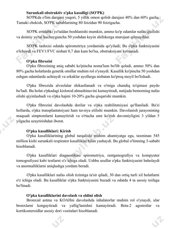 ko'proq moyil bo'lishadi. o'pka fibrozida alveolalar shikastlanadi va o'rniga chandiq to'qimasi paydo bo'ladi. bu holat o'pkadagi kislorod almashinuvini kamaytiradi, natijada bemorning nafas olishi qiyinlashadi va o'pka hajmi 10-20% gacha qisqarishi mumkin. o'pka fibrozini davolashda dorilar va o'pka reabilitatsiyasi qo'llaniladi. ba'zi hollarda, o'pka transplantatsiyasi ham tavsiya etilishi mumkin. davolanish jarayonining maqsadi simptomlarni kamaytirish va o'rtacha umr ko'rish davomiyligini 3 yildan 5 yilgacha uzaytirishdan iborat. o'pka kasalliklari: kirish o'pka kasalliklarining global tarqalishi muhim ahamiyatga ega, taxminan 545 million kishi surunkali respirator kasalliklar bilan yashaydi. bu global o'limning 3-sababi hisoblanadi. o'pka kasalliklari diagnostikasi spirometriya, rentgenografiya va kompyuter tomografiyasi kabi testlarni o'z ichiga oladi. ushbu usullar o'pka funktsiyasini baholaydi va anormalliklarni aniqlashga yordam beradi. o'pka kasalliklari nafas olish tizimiga ta'sir qiladi, 30 dan ortiq turli xil holatlarni o'z ichiga oladi. bu kasalliklar o'pka funktsiyasini buzadi va odatda 4 ta asosiy toifaga bo'linadi. o'pka kasalliklarini davolash va oldini olish bronxial astma va koahni davolashda inhalatorlar …