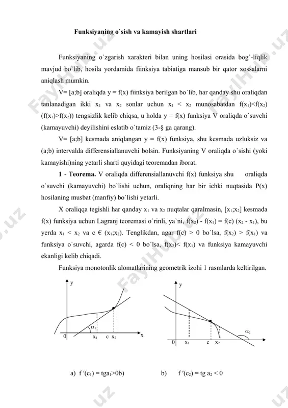 o`lsa, [a;b] kesmada qavariqlik shartini aniqlash imkoni tug`iladi. 4-rasm y = f(x) funksiya grafigi (a;b) interval chegarasida o`z urinmalaridan yuqorida yotsa, grafik [a;b] kesmada qavariqligi bilan quyiga yo`nalgan (yoki qavariq) deyiladi (4-a rasm). agarda funksiya grafigi (a;b) interval chegarasida o`z urinmalaridan quyida yotsa, grafik [a;b] kesmada qavariqligi bilan yuqoriga yo`nalgan (yoki botiq) deyiladi (4-b rasm). 6 - teorema. y = f(x) funksiya (a;b) intervalda ikkinchi tartibli f "(x) hosilasiga ega bo`lib, [a;b] kesmaning chetki nuqtalarida uzluksiz bo`lsa, u holda (a;b) intervalda f "(x) > 0 bo`lsa, funksiya grafigi [a;b] kesmada qavariqligi bilan quyiga, f "(x) ≤ 0 bo`lganda esa qavariqligi bilan yuqoriga yo`nalgan bo`ladi. masala. y = (x - 4)· funksiyani qavariqligini tekshiring. x € (-∞;2)u(0; ∞) da f "(x) > 0 va funksiya grafigi qavariqligi bilan quyiga, x € (-2;0) da f "(x) 0 -2 1 x f''(x) 0 _1406354869.unknown _1406354886.unknown _1406354894.unknown _1406354898.unknown _1406354902.unknown _1406354904.unknown _1406354906.unknown _1406354907.unknown _1406354908.unknown _1406354905.unknown …
