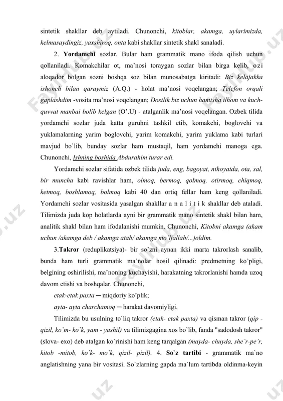 n (mayda- chuyda, she`r-pe’r, kitob -mitob, ko`k- mo`k, qizil- pizil). 4. so`z tartibi - grammatik ma`no anglatishning yana bir vositasi. so`zlarning gapda ma`lum tartibda oldinma-keyin joylashtirilishi ham grammatik ma`no ifodalash uchun xizmat qiladi. tilimizda ba`zan shu vosita orqali so`zning qaysi kelishikda ekanligi aniqlanishi mumkin. masalan, bunday holatlar xususan poetik nutqda keng uchraydi. so`z tartibi so`z birikmalari hosil qilishda yetakchi omillardan biri sanaladi. chunonchi, keng dalalar (so’z birikmasi) - dalalar keng (gap). so`z tartibi grammatik omili nutqda hamisha ohang bilan birga ish ko`radi. shuning uchun yuqoridagi hosilalarning ohangi bir-biridan tubdan farq qiladi. chunonchi, bir, ikki kitob- bir- ikki kitob birikmalarining ohangi har xildir. 5.ohang ham grammatik ma`no ifodalashga xizmat qiladi. bu vosita yordamida a) gapning turini ajratish mumkin: imtihon topshirdi. imtihon topshirdi? imtihon topshirdi! b) gap bo`laklarini ajratish mumkin: gulnora, singlim keldi. gulnora, singlim keldi! gulnora singlim keldi. birinchi gapda “gulnora “va “singlim“ so’zlari uyushib kelgan bo’lsa, ikkinchi gapda “gulnora” so’zi …