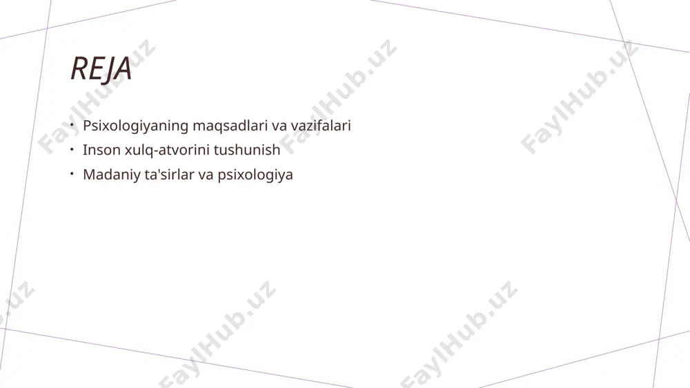 di. misol uchun, stressni boshqarish. madaniyat va psixologiya madaniyat psixologik jarayonlarga ta'sir ko'rsatadi. psixologiya inson xulq-atvorini madaniy kontekstda o'rganib, turli xalqlar orasidagi farqlarni aniqlaydi. psixologiya va madaniyat: ta'sirlar va o'zgarishlar. psixologiya va madaniyat psixologiya va madaniyat o'rtasidagi munosabatlar insonning xulq-atvorini shakllantirishda muhim rol o'ynaydi, madaniyat psixologik jarayonlarga ta'sir qiladi. madaniyat va xulq madaniyat insonning xulq-atvorini belgilovchi asosiy omil bo'lib, qadriyatlar va an'analar orqali shaxsiy identifikatsiyani ta'minlaydi va xulqni boshqaradi. psixologik ta'sirlar turli madaniy kontekstlarda psixologik ta'sirlar farqli bo'lishi mumkin, bu esa shaxsiy va ijtimoiy xulq-atvorni o'zgartiradi, yangi yondashuvlarni keltirib chiqaradi. o'zgarish jarayonlari globalizatsiya va madaniy almashuvlar psixologik jarayonlarga ta'sir qilib, yangi madaniyatlarni qabul qilish va o'zgarishlarni tezlashtiradi, bu esa xulq-atvorga ta'sir qiladi. psixologik tadqiqotlarda maqsad va natijalar. 1 psixologik tadqiqotlar maqsadi psixologik tadqiqotlar inson xulq-atvorini, hissiyotlarini va fikrlarini o'rganish, hamda bu jarayonda yangi bilimlarni keltirib chiqarish maqsadida o'tkaziladi. 2 natijalar va ahamiyati psixologik tadqiqotlar natijalari insonlarning xulq-atvorining yanada yaxshi tushunilishiga …