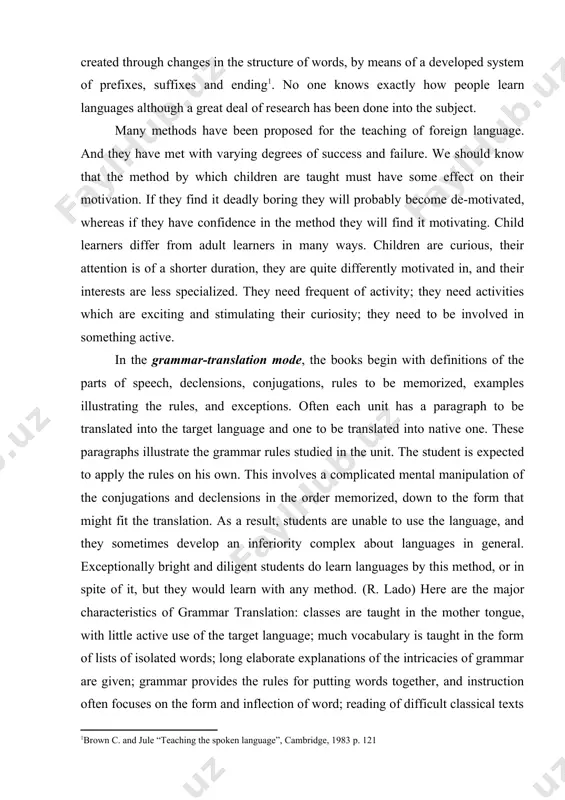 a complicated mental manipulation of the conjugations and declensions in the order memorized, down to the form that might fit the translation. as a result, students are unable to use the language, and they sometimes develop an inferiority complex about languages in general. exceptionally bright and diligent students do learn languages by this method, or in spite of it, but they would learn with any method. (r. lado) here are the major characteristics of grammar translation: classes are taught in the mother tongue, with little active use of the target language; much vocabulary is taught in the form of lists of isolated words; long elaborate explanations of the intricacies of grammar are given; grammar provides the rules for putting words together, and instruction often focuses on the form and inflection of word; reading of difficult classical texts is begun early; little attention is paid to the content of texts, which …