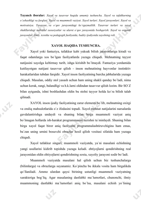 bilimlarga) va obrazlarga suyanamiz. ko`pincha bu ikkala vosita ham birgalikda qo`llaniladi. ammo ulardan qaysi birining ustunligi muammoli vaziyatning xarakteriga bog`liq. agar masalaning dastlabki ma`lumotlari, chunonchi, ilmiy muammoning dastlabki ma`lumotlari aniq bo`lsa, masalani echish yo`lining mohiyati ko`proq tafakkur qonunlariga tobe bo`ladi. agar muammoli vaziyat ko`p jihatdan o`zining noaniqligi bilan ajralib tursa, dastlabki ma`lumotlarni aniq analiz qilish juda qiyin bo`lsa xayol mexanizmlari ishga tushadi. xayol turlari xayol o`zining faolligi va aktivligi bilan xarakterlanadi. shu bilan birga xayol kishini faollikka undovchi kuch, turtki sifatida ham ishlaydi. lekin ayrim hollarda xayol faoliyatning o`rnida, ya`ni soxta faoliyat sifatida harakat qilishi mumkin. odam og`ir ahvolga tushganda, biror masalani echa olmaganda, o`z xatolaridan qochishga harakat qilgan kabi hollarda u foydasiz orzularga, real hayotdan uzoq fantastika olamiga kirib ketishi mumkin. bunday hollarda kishi amalga oshirib bo`lmaydigan ish-harakat rejalarini tuzadi. xayolning bunday turi passiv xayol deb ataladi. passiv xayol ixtiyoriy yoki ixtiyorsiz yuzaga kelishi mumkin. ixtiyoriy ravishda yuzaga keltirilgan, …