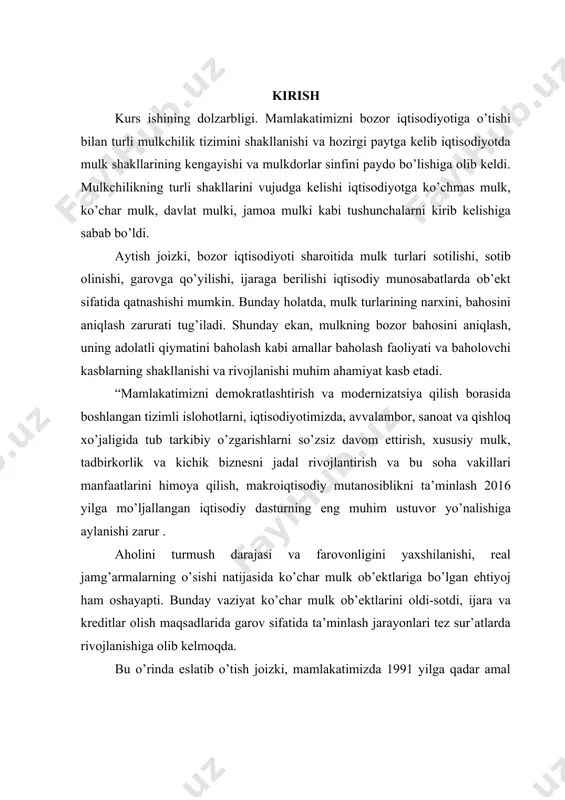 mlakatimizda 1991 yilga qadar amal qilgan ijtimoiy-iqtisodiy tizim sharoitida harakatda va harakatda bo’lmagan mulklar hamda moddiy va nomoddiy aktivlarni baholashga hojat yo’q edi. chunki iqtisodiyotni markazdan boshqarish sharoitida mamlakatdagi barcha korxona va tashkilotlar, ishlab chiqarishning moddiy va nomoddiy aktivlari davlat ixtiyorida bo’lib, ularni sotish, sotib olish, ijaraga berish kabi jarayonlar davlat tomonidan belgilangan qat’iyy baholarda amalga oshirilardi. yana dolzarb muammolardan biri shuki, hali respublikada ko’char mulkni baholashning metodologik bazasi yetarli darajada shakllanmadi. dunyoning rivojlangan mamlakatlarida ko’char mulkni baholashning turli uslubiy yondashuvlaridan foydalaniladi. masalan, mulkni baholash bo’yicha angliya amaliyotida beshta usul keng tarqalgan: qiyoslash, investitsiya, foyda, qoldiq, pudratchi. aqsh baholovchilari amaliyotida, odatda, uch usul ustuvorlik qiladi: xarajat, qiyosiy va daromad. o’zbekistonda ham aqshdagi kabi xarajat (balans), qiyosiy (taqqoslash, bozor) va daromad yondashuvlari qo’llanilmoqda. ushbu yondashuvlarni har birida o‘ziga tegishli usullari mavjud. jumladan, daromad yondashuvi uchta, xarajat va qiyosiy yondashuvlari o’nlab baholash usullariga ega. bu usullar har bir mamlakatning siyosiy-iqtisodiy, ijtimoiy-mentalitet taraqqiyotidan …
