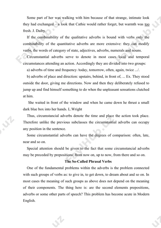 c​tions, i.e. they do not change the meaning of the preceding word; they are not postpositives, because postpositives in other languages do not serve to build new words, and at last they are not grammatical morphemes and consequently the whole group can not be a word since in english no dis​continuous word is found as, for instance, bring them up. the word them breaks the unity. the problem remains unsolved. for the time being, the most accept​able theory is the theory expressed by b.a. ilyish in his latest grammar. he refers them very cautiously, with doubts, to phraseology and thus it should be the subject-matter of the lexicology. some foreign grammarians (28), (37) give different treatment to phrasal verbs. according to their opinion phrasal verb is an umbrella term for different kinds of multi – word verbs (including phrasal – prepositional and preposi​tional verbs). such verbs are of typical and …