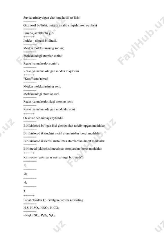 sr(oh)2, cs (oh)2, rboh ======= cu (oh)2, fe(oh)3 ,nacl naoh ======= nacl, ca(oh)2, ba (oh)2, al(oh)3 ++++++ tuzlar deb …… aytiladi. ======= tarkibida vodorod kationi va kislorod anionidan iborat birikmalarga. ======= tarkibi metal ionlari va kislota qoldig`idan iborat bo`lgan murakkab birikmalarga ======= tarkibi, biri kislorod bo`lgan ikki elementdan iborat birikmalarga ======= tarkibida h+ kationi tutgan moddalarga ++++++ kislorodli kislotalar keltirilgan qatorni ko`rsating ======= hcl, hbr, hj, h2s ======= h2so4, hno3, h3po4, h2co3 ======= hf, h2s, h2sio3, h3bo3 =======za d h3aso4, hbr, hno3, h2so3 ++++++ tuz hosil qiluvchi metall kationi va kislota qoldig`i xususiyatiga qarab tuzlar necha xil turga bo`linadi? ======= normal, nordon ======= asosli, qo`shaloq ======= asosli, qo`shaloq, kompleksli ======= normal, nordon, asosli, qo`shaloq, kompleksli ++++++ sulfat kislotaning kimyoviy formulasini kursating. ======= h2so4 ======= hno3 ======= h3po4 ======= h2co3 ++++++ nitrat kislotaning kimyoviy formulasini kursating. ======= h2so4 ======= hno3 ======= h3po4 ======= h2co3 ++++++ oddiy moddalar qatorini toping. ======= al2o2. …