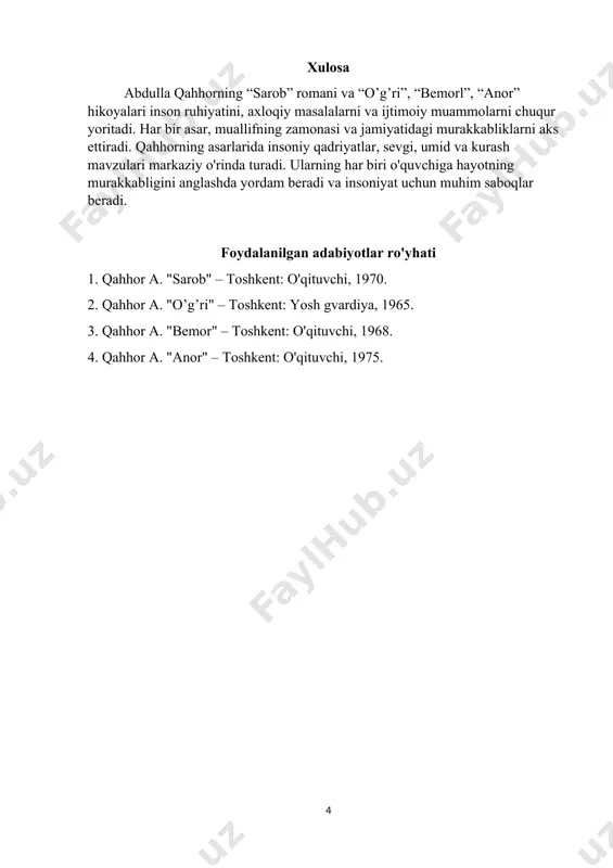 orning hayoti va uning sog'lig'i bilan bog'liq muammolarni yoritadi. u o'zining kasalligi orqali hayotining ahamiyatini anglaydi. "bemor" hikoyasida insonning kasallik va sog'liq holati, shuningdek, umrning qadr-qimmati haqida fikr yuritiladi. qahhor bu asarda kasallik orqali inson ruhiyatini, uning ichki kechinmalarini va hayotga bo'lgan munosabatini ochib beradi. bemor obrazida hayot va o'lim, umid va tushkunlik o'rtasidagi kurash aks etadi. ushbu hikoya o'quvchini hayotning noaniqliklari haqida o'ylashga undaydi va sog'liqning ahamiyatini ta'kidlaydi. • sog'liq va hayot: bemorning ichki kurashlari. • insoniy munosabatlar: bemor va uning atrofidagilar o'rtasidagi munosabatlar. “anor” hikoyasi “anor” hikoyasi, insonning tabiat bilan bog'liqligini va uning ichki dunyosini tasvirlaydi. asarda anor mevasining ramziy ma'nosi orqali inson hayoti, muhabbat va baxt haqida fikr yuritiladi. "anor" hikoyasi esa sevgi, xiyonat va insoniy munosabatlar haqida. bu asarda anor mevasining ramziy ma'nosi orqali insonlarning his-tuyg'ulari va munosabatlari tasvirlanadi. qahhor sevgi va xiyonatning murakkabligini, insonlarning bir-biriga bo'lgan munosabatlaridagi nozik chiziqlarni ko'rsatadi. hikoya davomida qahramonlar orasidagi ziddiyatlar …