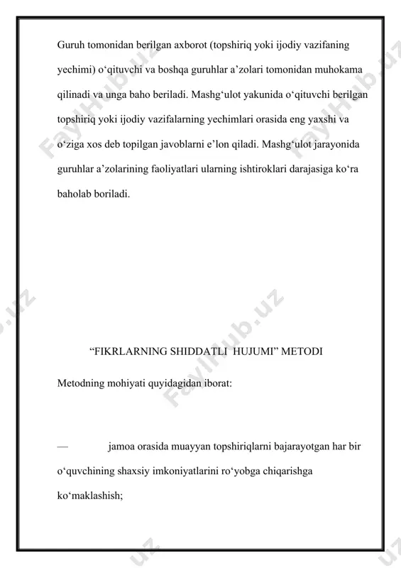 hosil qilganidan so‘ng guruhlardan munozaralarni yakunlashlarini so‘raydi. munozara uchun belgilangan vaqt nihoyasiga yetgach, o‘qituvchi guruhlarni qaytadan shakllantiradi. qaytadan shakllangan guruhlarning har birida avvalgi 6 ta guruhdan bittadan vakil bo‘ladi. yangidan shakllangan guruh a’zolari o‘z jamaodoshlariga guruhi tomonidan muammo yechimi sifatida taqdim etilgan xulosani bayon etib beradilar va mazkur yechimlarni birgalikda muhokama qiladilar. “aqliy hujum” metodi mazkur metod muayyan mavzu yuzasidan berilgan muammolarni hal etishda keng qo‘llaniladigan metod sanalib, u mashg‘ulot ishtirokchilarini muammo xususida keng va har tomonlama fikr yuritish hamda o‘z tasavvurlari va g‘oyalaridan ijobiy foydalanish borasida ma’lum ko‘nikma hamda malakalarni hosil qilishga rag‘batlantiradi. bu metod yordamida tashkil etilgan mashg‘ulotlar jarayonida ixtiyoriy muammolar yuzasidan bir necha original yechimlarni tanlash imkoniyati tug‘iladi. “aqliy hujum” metodi tanlab olingan mavzular doirasida ma’lum qadriyatlarni aniqlash va ularga muqobil bo‘lgan g‘oyalarni tanlash uchun sharoit yaratadi. metoddan samarali foydalanish maqsadida quyidagi qoidalarga amal qilish lozim: — o‘quvchilarning o‘zlarini erkin his etish uchun sharoit yaratib berish; — …