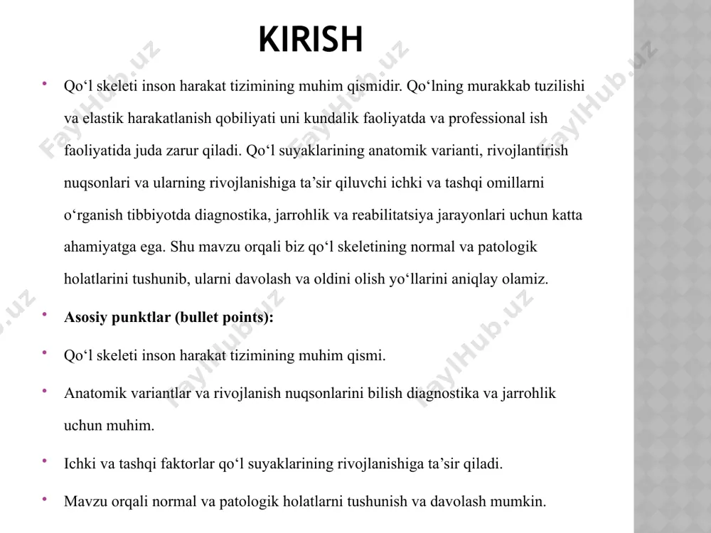 har bir bo‘limning o‘z funktsiyasi va anatomik xususiyati bor. qo‘lning harakat qobiliyati va mustahkamligi shu skelet tuzilishi bilan ta’minlanadi. qo‘l suyaklarining anatomiya varianti qo‘l suyaklari anatomik jihatdan farqlanishi mumkin. har bir insonda suyaklar shakli, uzunligi va ba’zan soni biroz farq qiladi. bu anatomik variantlar tibbiyotda muhim ahamiyatga ega, chunki ular diagnostika va jarrohlik amaliyotlarida hisobga olinishi kerak. qo‘l suyaklaridagi variantlar asosan quyidagi shakllarda namoyon bo‘ladi: bilak suyaklari (radius va ulna) uzunligi va qalinligidagi o‘zgarishlar. karpal suyaklar soni va shaklida farqlar, masalan, qo‘shimcha suyaklar (ossiculum accessorium). metakarp va falanglar uzunligi va shakli, ba’zan qo‘shimcha falanglar yoki barmoqlarning birlashishi kuzatiladi. asosiy punktlar (bullet points): qo‘l suyaklari anatomik jihatdan farqlanishi mumkin. variantlar suyaklarning shakli, uzunligi va sonida bo‘ladi. klinik ahamiyati: diagnostika va jarrohlik amaliyotida e’tibor berish zarur. diagramma tavsiyasi: oddiy qo‘l skeleti diagrammasida variantlarni rang bilan yoki izoh bilan ko‘rsatish (masalan, qo‘shimcha karpal suyak yoki uzun falang). radius va ulna varianti radius va …