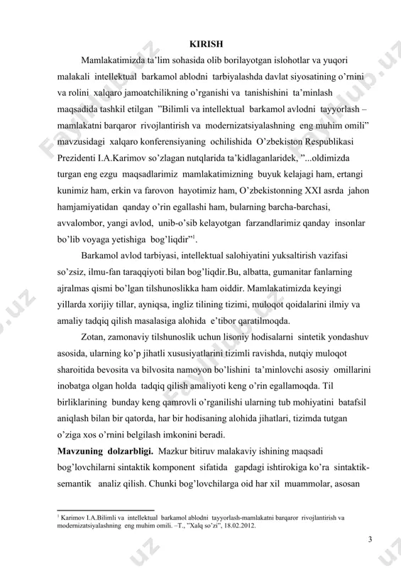 alakaviy ishda yordamchi so’z turkumi bo’lgan bog’lovchilarni hozirgi zamon ingliz tili gap strukturasida ishlatilishini ilmiy tadqiqot qilishni maqsad qilib qo’yilgan. bitiruv malakaviy ishining o’rganilganlik darajasi. hozirgi zamon ingliz tilida bog’lovchilar bilan bog’liq muammolar ustida tilshunos olimlardan v. il’ish, j. bo’ronov, s. frays, k.kachalova va boshqa olimlarning ilmiy nazariy fikrlari o’rganildi. hamda gaplar tuzilishida bog’lovchilarni amalda to’g’ri va o’rinli ishlatilishini ingliz va amerika olimlari n.coe, r. raykroft, m. evangelidou, dorothy e.zemachning bog’lovchilar bilan bog’liq amaliy ishlaridan foydalanildi. bitiruv malakaviy ishining vazifasi.1.bitiruv malakaviy ish mavzusiga doir ilmiy-metodik va amaliy manbalarni o’rganish va tahlil qilish;2.o’rganilayotgan mavzu dolzarb grammatik muammo ekanligini nazariy jihatdan asoslash;3.tadqiq etilayotgan mavzu yuzasidan o’quvchilarga o’quv-metodik tavsiyalar berish. bitiruv malakaviy ishining ob’yekti. ushbu bitiruv malakaviy ishda amerika va ingliz yozuvchilaridan a.s. kronining “the citadel”, g. parkerning “the darkness of the morning”, p.abrahamsning “the path of thunder”, s. moemning “the moonland sixpence” kabi asarlarida ishtirok etgan bog’lovchilarning sintaktik-semantik tahlili ushbu bitiruv malakaviy …