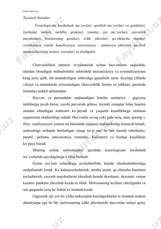 izilganda va uni qurganda issiq bo`lishini ta`minlash kerak. gigiyenik me`yor bo`yicha mikroiqlim kursatgichlarini ta`minlash muhim ahamiyatga ega bo`lib, molxonaning ichki jihozlanishi hayvonlar uchun qulay bo`lishi kerak. ventilyasiya, isitish, yoritish, sog`ish, ozuqa tarqatish va gungni chiqarish kabi ishlarni mexanizasiyalashni joriy qilish. talabga javob beradigan molxonalarni qurishda zooveterinariya mutaxassislari boshqa rahbarlar bilan birga loyihalarni kurib chiqishlari va qanday bajarilayotganligini nazorat qilib borishlari kerak. yopiq molxonalardagi mikroiqlim fizik faktorlar kompleksiga (harorat, namlik, havoning harakati, quyosh radiasiyasi, atmosfera bosimi, yorug`lik va ionizasiya), havodagi gazlar tarkibiga (o2, сo2, nh3, н2s) va mexanik aralashmalarga (chang va mikroorganizmlar) qarab o`zgarib turadi. binodagi mikroiqlimning hosil bo`lishiga qator hodisalar sabab bo`ladi. ya`ni mahalliy iqlim, tusiqlarni issiqlik va namlik o`tkazuvchanligi, havo almashish yoki ventilyasiya, isitish, kanalizasiya va yoritish hamda hayvonlarni mahsuldorligi va ularni saqlash kun tartibi va boshqalar. olimlar fikriga kura qurilgan molxonalardagi mikroiqlim talabga javob bermaydi. natijada xo`jaliklar yilning hamma fasli davomida chorvachilik mahsulotlarini ko`p miqdorda yo`qotadi, kasallik ko`payadi, …