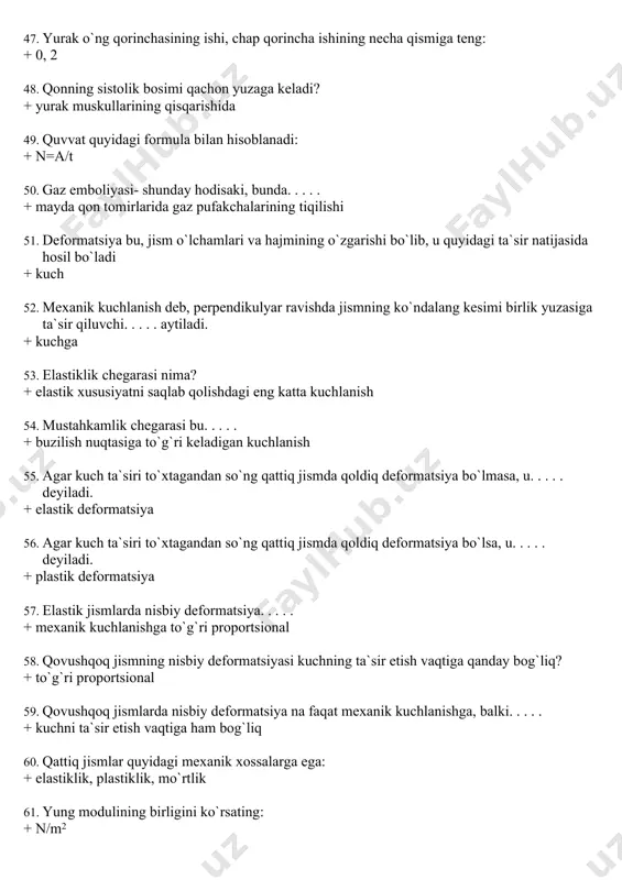 sh va qayd qilish 65. odamning bajarayotgan ishini o`lchashda qo`llaniladigan asbob. . . . . + еrgometr 66. bo`g`imlar еrkinlik darajalari soni ko`pi bilan + 3 ta 67. bitta еrkinlik darajasiga qaysi bo`g`in еga: + elka- tirsak 68. berilgan bo`g`inlardan qaysilari 2 ta еrkinlik darajasiga еga: + kaft- bilak 69. muskullarning izotonik qisqarishi ularning. . . . . + uzunligini kamayishi 70. muskullarning izometrik qisqarishi ularning. . . . . + uzunligini o`zgarmay qolishi 71. gomeostaz oliy rivojlangan jonzotlar organizmining statsionar holati bo`lib u: + fizikaviy termoregulyatsiya bilan ushlab turiladi 72. puasson tenglamasi (rvγ=const) dagi gamma nima? + adiabata ko`rsatkichi (cp/cv) 73. termodinamik еhtimollik ortishi bilan еntropiya qanday o`zgaradi: + logarifmik ortadi 74. cp nima? + o`zgarmas bosimdagi issiqlik sig`imi 75. sv nima? + o`zgarmas hajmdagi issiqlik sig`imi 76. еntropiya- bu fizik kattalik bo`lib, sistemaning birlik temperaturasiga to`g`ri kelgan: + bog`langan еnergiyasiga aytiladi 77. еrkin еnergiya - bu ichki еnergiyaning …