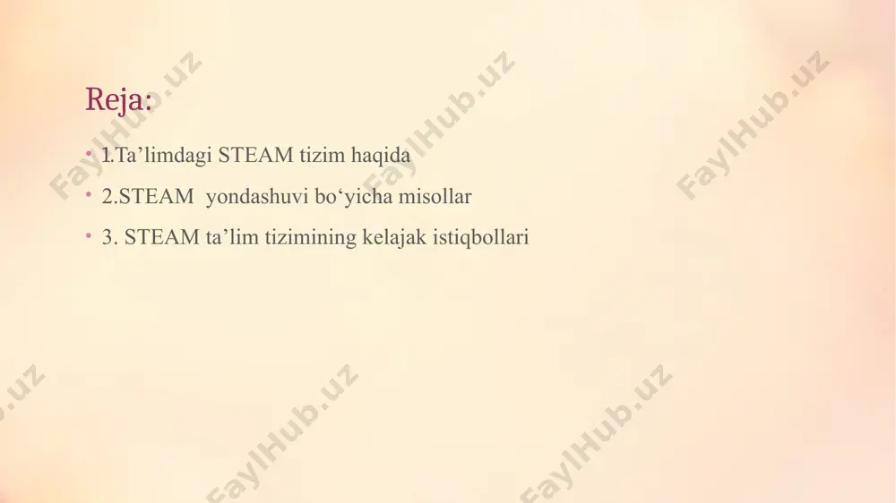 va kompyuterlarning yangi avlodini yaratishda muhim rol o'ynaydi. foydalanilgan adabiyotlar ro‘yxati 1. xudoyberdiyev, b. (2018). "ta'limda innovatsion texnologiyalar." o'zbekiston milliy universiteti nashriyoti. 2. raximov, a. (2020). "steam ta'limi: ilm-fan, texnologiya va san'atni integratsiyalash." toshkent, o'zbekiston. 3. mustafayeva, d. (2019). "kompyuter texnologiyalari va o'quv jarayonini takomillashtirish." o'zbekiston ta'limi. 4. qodirov, a. (2017). "matematika va texnologiyalar: integratsiya va innovatsiyalar." toshkent: fan va texnologiya. 5. siddiqov, u. (2016). "mobil texnologiyalar va ularning ta'limda qo'llanilishi." o'zbekiston ta'limi. rahmat!!! 18 image4.png image2.png image3.png image5.png image6.png image7.png image8.png image9.png image10.png image11.png image12.png image1.png