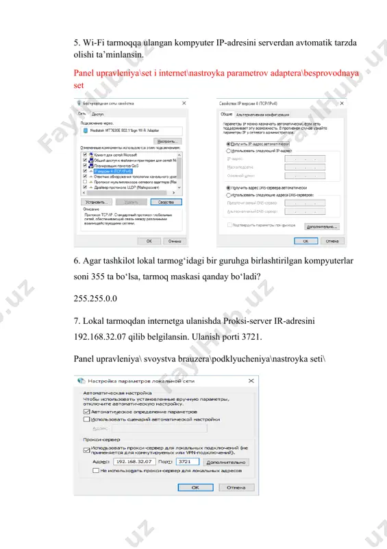 (diqqat! sinfdagi kompyuter operatsion tizim tarmoq paramtrlarini amalda o‘zgartirish kerak emas. bu kompyuterni keyingi ishlashiga ta’sir qiladi): 1.yani siz ishlayotgan joriy kompyuter lokal tarmoqqa qo‘shilgan kompyuterlarni ko‘rsin va o‘zini ko‘rsatsin. joriy kompyuter lokal tarmoqqa ulangan kompyuterlarni ko`rishi uchun unga nom beriladi. so`ngra quyidagi jadval orqali ishimizni amalga oshiramiz. va shundan so`ng ishchi gurux ko`rsatiladi va keyingi jadvalga o`tiladi. buning uchun ushbu oynada izmenit tugmasidan foydalaniladi. shuningdek yakkol tarzda ip manzil xam berilishi mumkin. 2. tarmoqda muammo chiqib qolganda, ulanish diagnostikasi qanday amalga oshiriladi? a) panel upravleniya\vse elementы paneli upravleniya\sentr upravleniya setyami i obщim dostupom buyruqlari orqali oynaga o‘tamiz yoki adapterni tanlaymiz. b) ustranenie nepoladok buyrug`ini tanlaymiz. s) zarur ulanish d) masalan, internetga ulanish. uning ustiga sichqoncha tugmasini ikki marta bosamiz. e) xosil bo`lgan oynada dalee tugmasini bosamiz. va shu tariqa davom ettiramiz 3. tarmoq maskasi va ip adresi to‘g‘risida ma’lumot qanday olinadi? vыpolnit buyrug`ini ishga tushiramiz va cmd buyrug`ini kiritib …