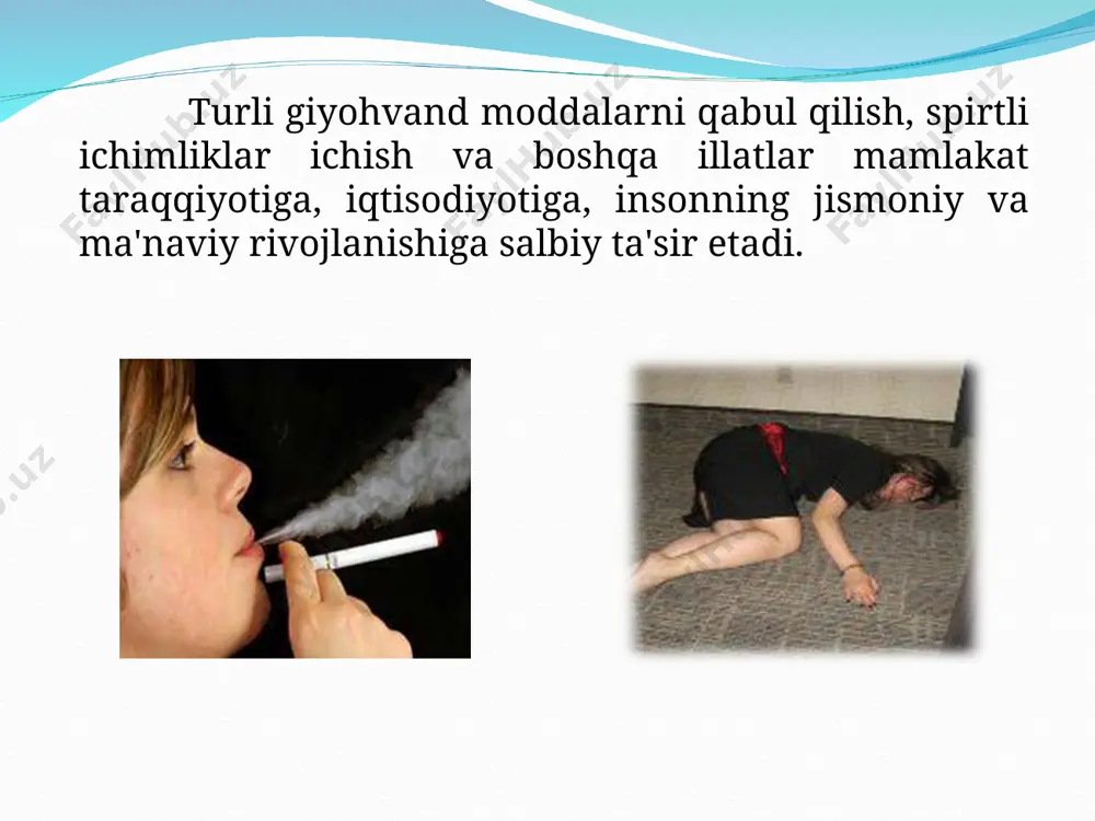 tilmaganligi turadi. narkomanlarni davolash davolash jarayoni 3 davrda olib boriladi birinchi davr - bunda asosan bemor narkotik moddadan xoli bo’lishi kerak. bu ish to’satdan, tezlik bilan va sekin asta bajariladi. agarda narkoman yosh bo’lsa to’satdan: katta yoshdagi, qariyalar, kuchsiz bemorlar va 3 stadiya narkomanlarda - sekinlik bilan amalga oshiriladi ikkinchi davr - faollik bilan davolash. ya’ni psixoterapiya, narkotik moddaga yomon ko’z bilan qarashlik, gipnotik uxlatish yoki xushyorlik, dimog’chog’liklar bilan davolash hamda mehnat qilish bilan davolash uchinchi davr - uy sharoitida va narkologik dispanser sharoitida narkologik kabinet yordamida davolash choralarini qo’llash davom ettiruvchi davolash usuli: birinchi yili - har oyda bir marta narkologik kabinetga borish, 2 nchi yili - ikki oyda bir marta, 3 nchi yili uch oyda bir marta, 4 nchi yili - har to’rt oyda bir marta va 5 nchi yili bir yilda ikki marta narkologik kabinetga uchrashishi kerak. narkomanlarni va toksikomanlarni davolash statsionardan chiqqach bir oy mobaynida davom …